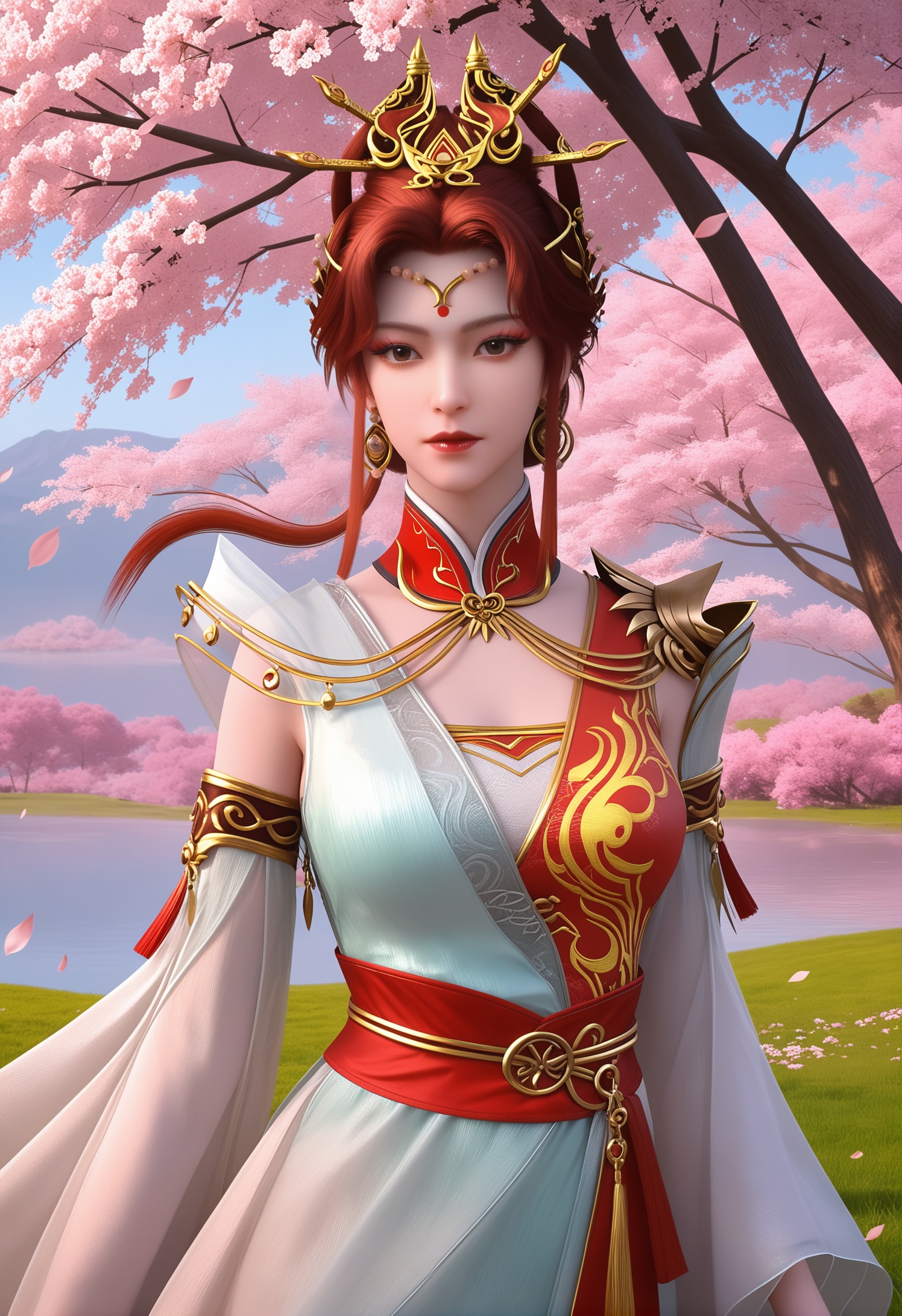 score_9,score_8_up,score_7_up,1girl,solo,realistic,(looking at viewer:1.1),(portrait:1.4),1girl,solo,realistic,dress,two-tone dress,(white dress:0.5),(red dress:0.5),hanfu,china dress,gold trim,detached sleeves,wide sleeves,see-through sleeves,detached collar,shawl,see-through,(ribbon:1.2),long sleeves,clothing cutout,1girl,solo,realistic,jewelry,tiara,circlet,tassel,head chain,beads,hair stick,hair rings,hair ornament,tassel earrings,bracelet,1girl,solo,realistic,(mature face:1.2),(big eye:0.7),(pale_skin:1.1),shiny_skin,slender face,long hair,hair bun,hair up,brown hair,red hair,forehead mark,forehead jewel,facial mark,brown eyes,makeup,eyelashes,eyeshadow,closed mouth,realistic,grass,madotsuki,cherry blossoms,falling petals,petals,outdoors,tree,rock,water,<lora:小巳-真仙英灵-优化全身:0.85>,