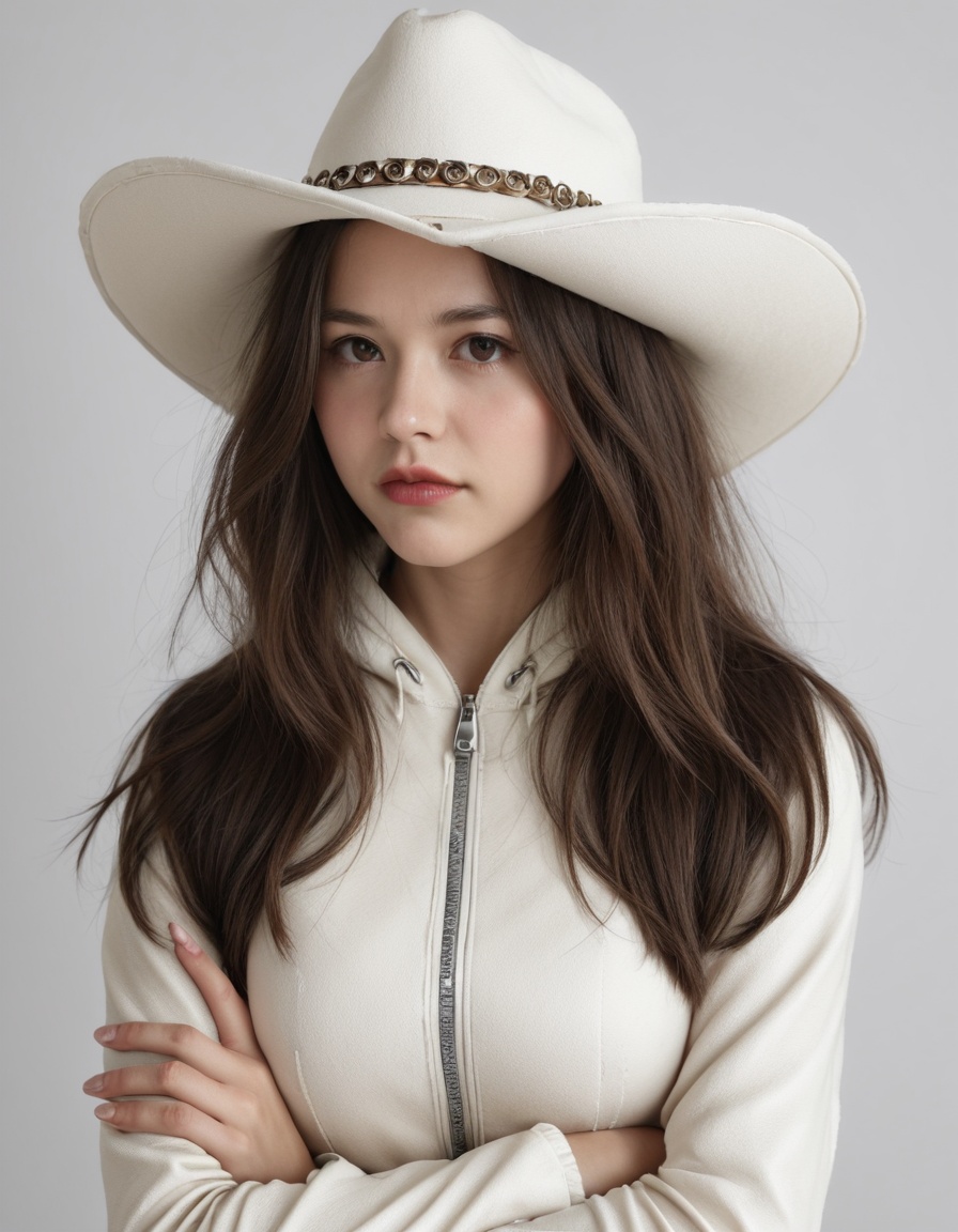 lishuting,\(shirley\),lishuting,1girl,solo,photo,realistic,hood,brown hair,crossed arms,hat,white background,belt,looking at viewer,white headwear,long hair,brown eyes,simple background,cg,hood down,lips,white leotard,realistic,fingernails,long sleeves,upper body,hooded jacket,zipper,closed mouth,red lips,breasts,cowboy hat,jacket,