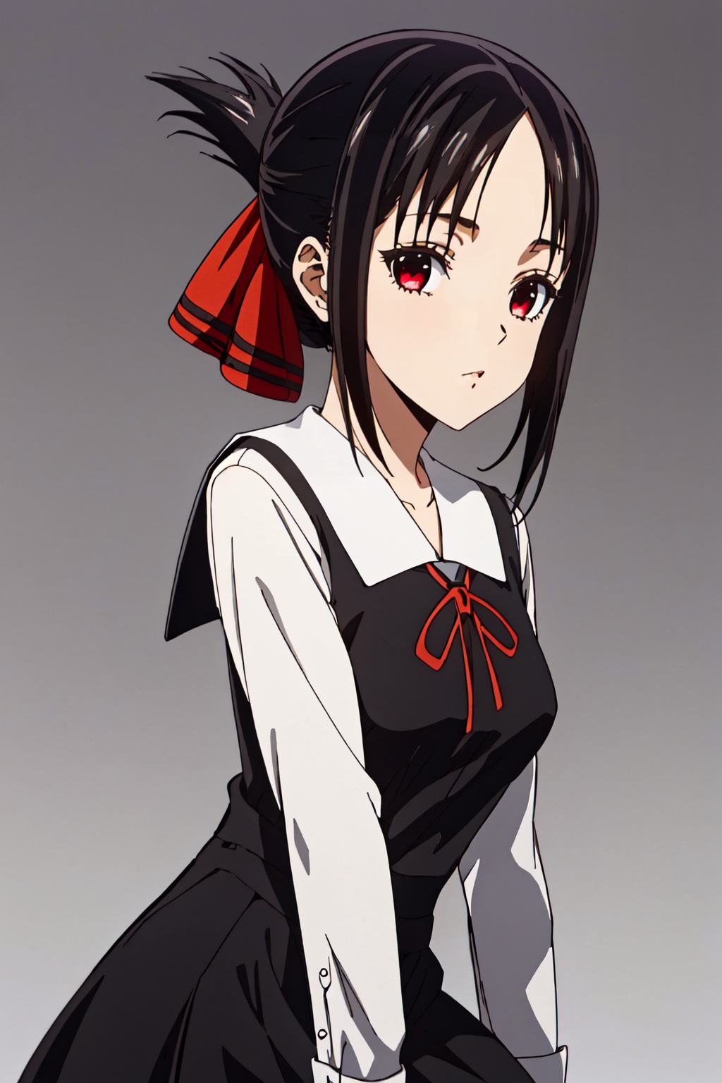 1girl,looking at viewer,solo,black hair,short hair,folded ponytail,red eyes,shuuchiin academy school uniform,dress,ribbon,red ribbon,socks,black socks,hair ribbon,black dress,kneehighs,shoes,long sleeves,<lora:Kaguya:0.8>,Kaguya_CYQL,portrait,beautiful face,beautiful eyes,glossy skin,shiny skin,grey background,simple background,posing in front,masterpiece,best quality,beautiful and aesthetic,contrapposto,female focus,wallpaper,fashion,
