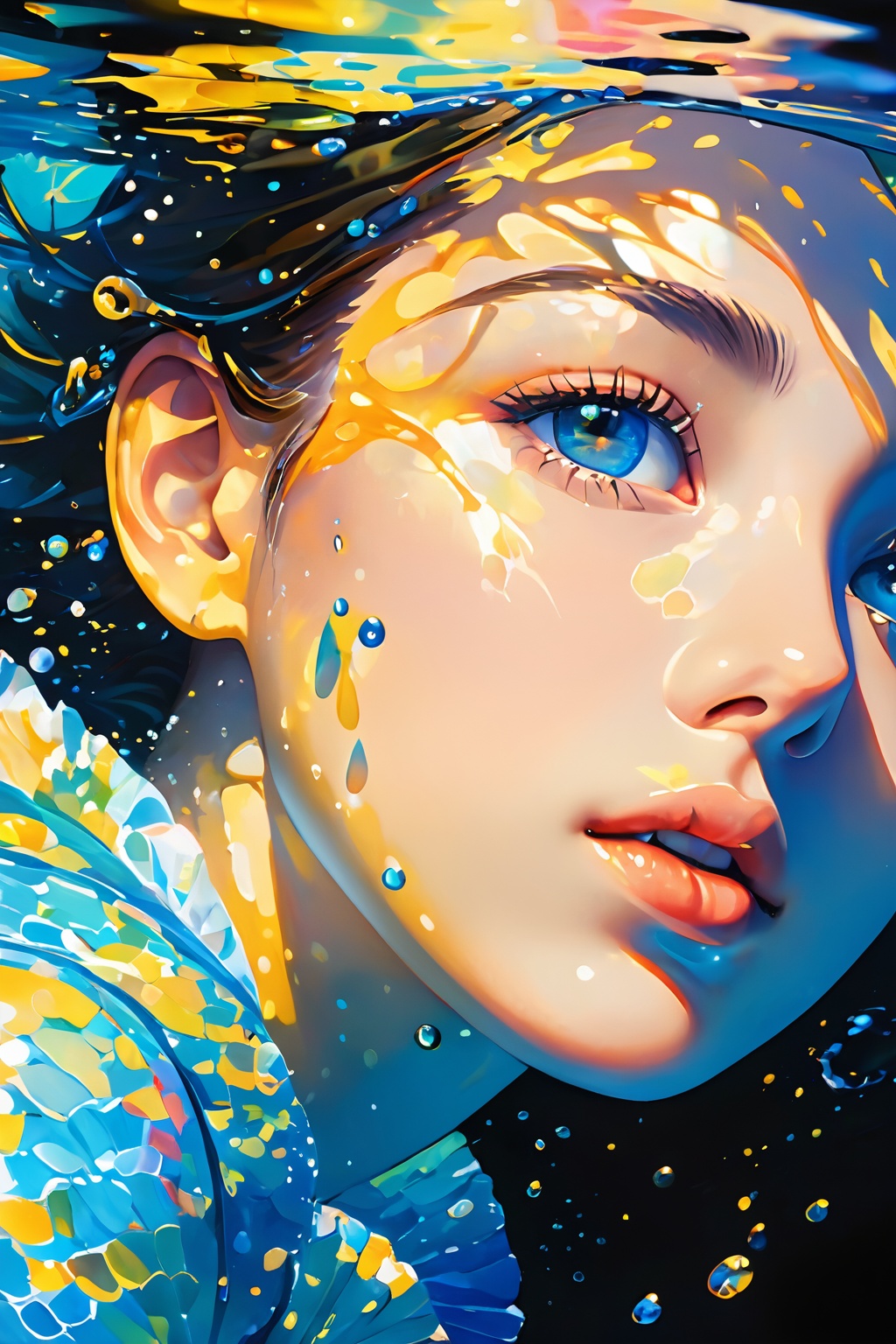 girl swims underwater,hyper detailed render style,glow,yellow,blue,brush,surreal oil painting,shiny eyes,head closeup,exaggerated perspective,tyndall effect,water drops,mother of pearl iridescence,holographic white,black background, <lora:20240510-1715326285381:0.7>