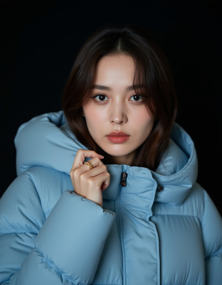 This is a photograph of a young Asian woman with fair skin, dark brown hair, and expressive eyes. She wears a light blue, puffy winter coat with a hood that she holds up with her left hand, revealing a gold ring on her ring finger. The background is dark, emphasizing her face and the texture of the coat. The image captures a sense of mystery and calm.