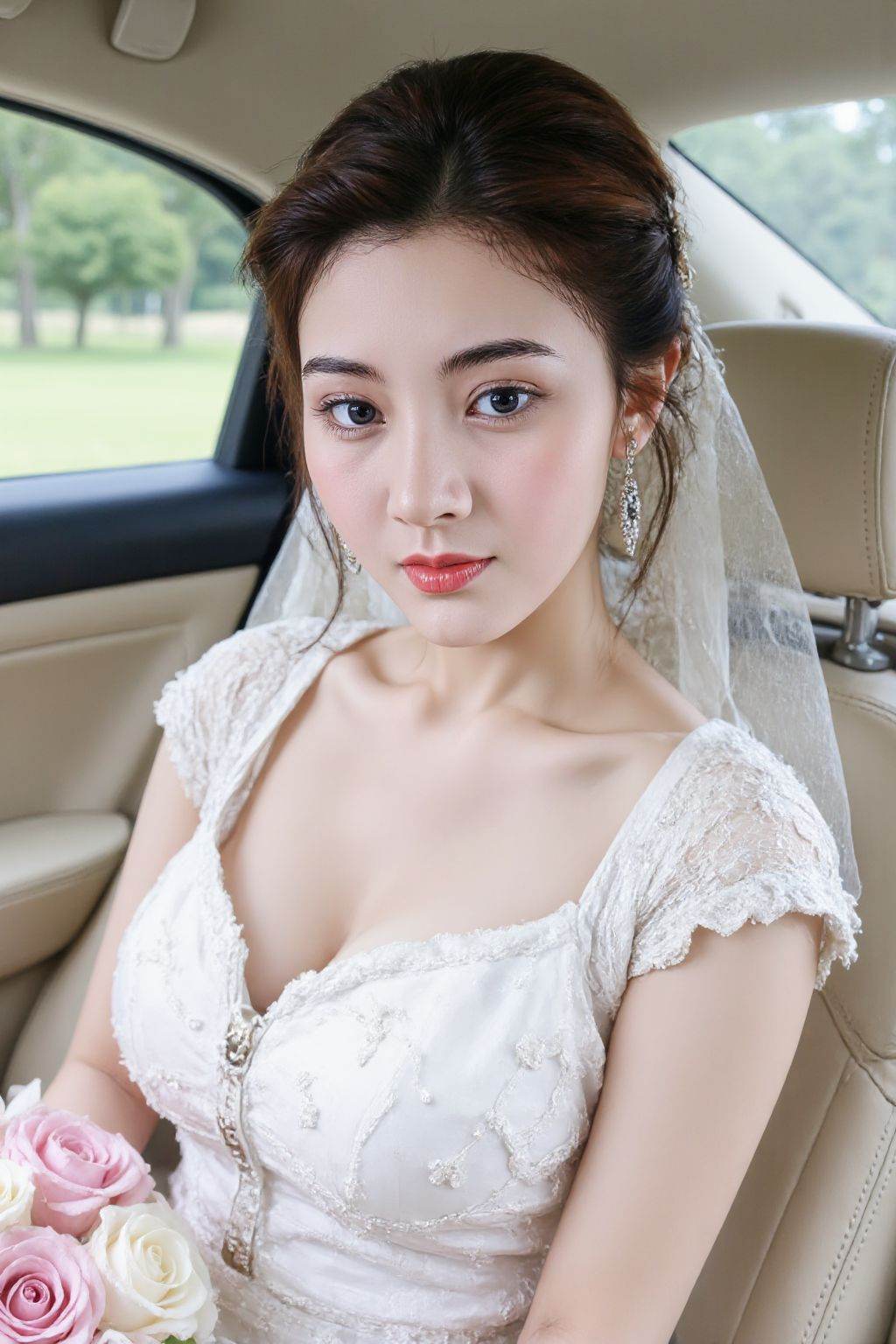This is a photograph of an East Asian woman with fair skin and a slim, curvy physique. She has long, dark brown hair styled in an elegant updo with a white lace veil. She is wearing a white lace wedding dress with short sleeves and a sweetheart neckline, revealing ample cleavage. She is seated in a beige car interior, holding a bouquet of pink and white roses. The background shows a green, tree-filled landscape through the car window. <lora:girlslikeflux_ljx:0.9>