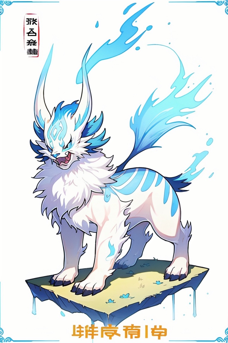 ((HRD, HUD, 8K)),((masterpiece, best quality)), highly detailed, soft light,Card, no humans, solo, claws, open mouth, blue eyes, fangs, fire, full body, standing, character name, white background, chinese text, pokemon (creature), white fur,  <lora:20240528-1716881484728:0.8>