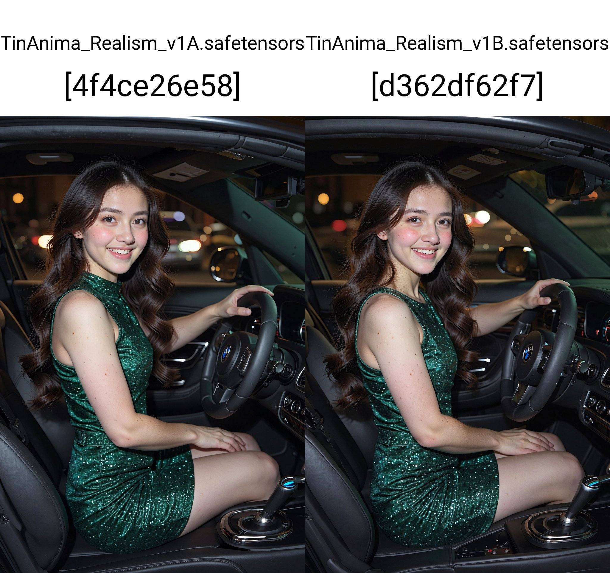 This photograph captures a young Asian woman seated in the driver's seat of a luxury car,  likely a BMW based on the steer...