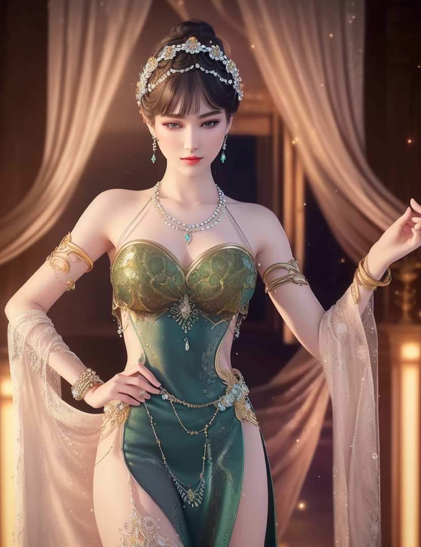 ultra realistic 8k cg, picture-perfect face, flawless, clean, masterpiece, professional artwork, famous artwork, cinematic lighting, cinematic bloom, perfect face, beautiful face, fantasy, dreamlike, unreal, science fiction,  beautiful clothes, lace, lace trim, lace-trimmed legwear,  (rich:1.4), prestige, luxury, jewelry, diamond, gold, pearl, gem, sapphire, ruby, emerald, intricate detail, delicate pattern, charming, alluring, seductive, erotic, enchanting, hair ornament, necklace, earrings, bracelet, armlet,halo((,1girl, pov,))(((,  1girl,  solo,looking at viewer, ))),(((1girl, solo, dress, jewelry)))<lora:DA_WhiteSnakeGreenSnake:0.7>