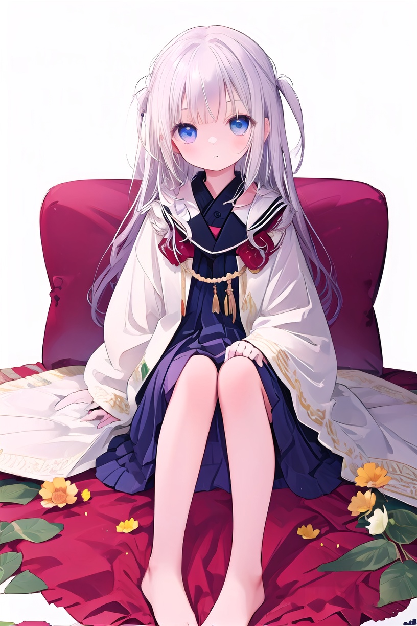 1girl, solo, barefoot, blue_eyes, sitting, white background  <lora:632583991924385209:1>