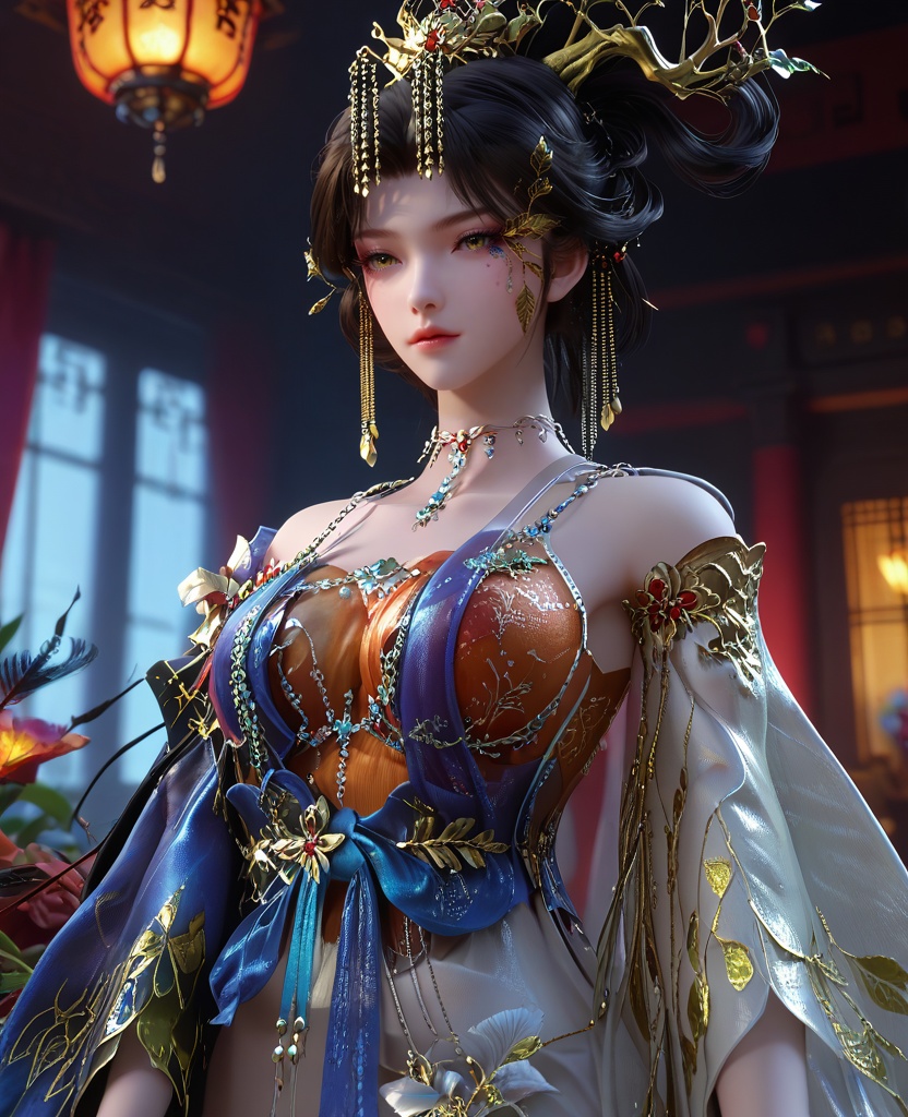 (oriental architecture, elegant decor, sophisticated style:1.1),(Leaning backwards slightly,:1.1),cut-in,(large breasts:1.2),<lora:XL16云深不知梦羲和淬火令:0.95>,miss xihe,orange gown with white tulle skirt,yellow eyes,black hair,looped bun with tresses,hair ornament,jewelry,necklace,makeup,, score_9,score_8_up,score_7_up,score_6_up,score_5_up,score_4_up,3d rendering,tag1,tag2, Cinematic Lighting,backlighting,