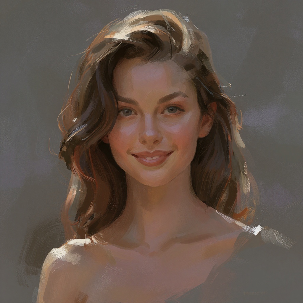 A beautiful woman looking at the viewer with a warm smile. Digital painting,  impressionistic brushstrokes. on Tensor.Art