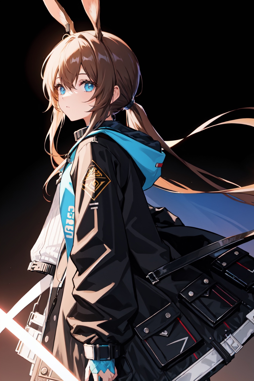 amiya_(arknights),1girl,solo,looking_at_viewer,long_sleeves,black_jacket,open_jacket,sidelocks,ponytail<lora:amiya_(arknights):1>,simple background,white backgroundmasterpiece,best quality, highly detailed, 