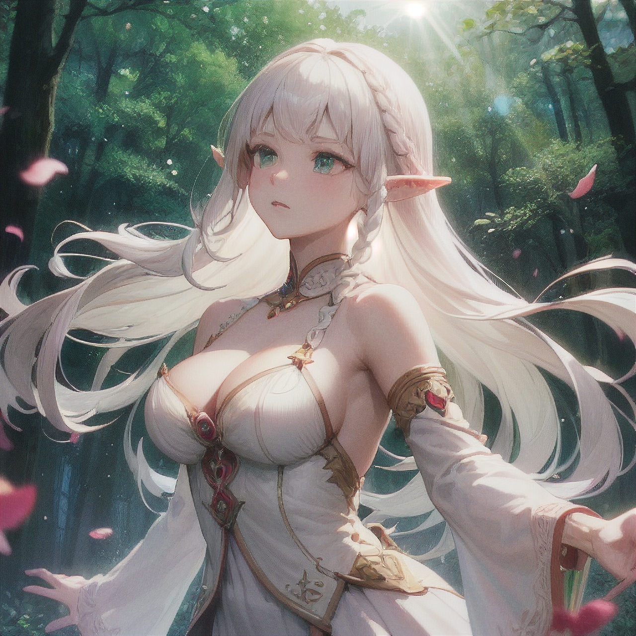 (masterpiece,  best quality,  ultra detailed), (high quality, highres, ultra-detailed), realistic,,1 sweet girl, the greater lord rukkhadevata, (side braid:1.1), long hair,((white hair)), leaf hair ornament, (pointy ears), elf, green eyes, pale skin, bare shoulders, (medium breasts), (cleavage:1.1), jewelry, white long dress, (detached sleeves:1.1), bracelet, (looking away:1.2), (hair floating:1.3), from side,,(in forest:1.3), (pink flowers:1.1), (falling petals:1.1), (lens flare from right:1.2), (god rays from right:1.2),