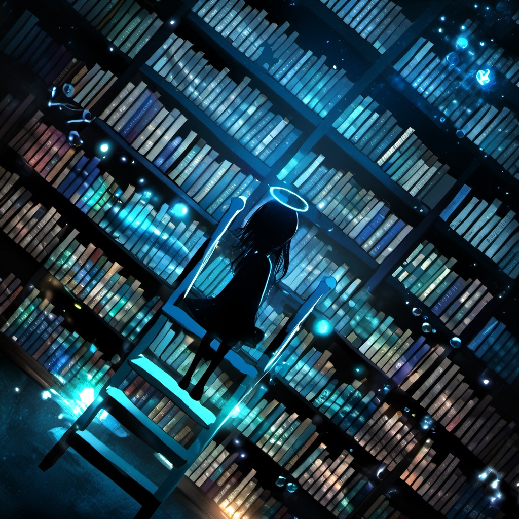 <lora:star_xl_v2:1>,a person standing in front of a book shelf filled with books in a library at night time with lights on, 1girl, solo, long hair, black hair, dress, standing, indoors, from behind, book, halo, floating, bookshelf, facing away, library, scenery, bubble, dark, The image showcases a vast library filled with shelves upon shelves of books. The books are of various sizes, colors, and designs, and they emit a radiant blue glow. In the foreground, there's a silhouette of a person standing on a ladder, seemingly reaching out to touch or interact with one of the books. The ambiance is ethereal, with floating orbs and particles scattered throughout the scene, adding a magical or otherworldly feel to the setting., vast library, shelves upon shelves of books, books of various sizes and colors and and designs, radiant blue glow, silhouette of a person, ladder, ethereal ambiance, floating orbs and particles