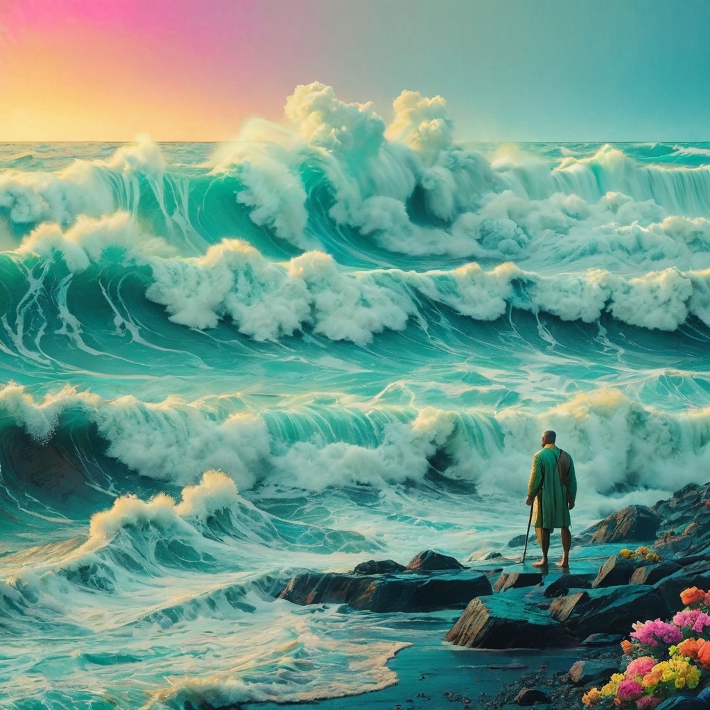 A neon-pastel Scene captured By Guy Ritchie: Capture the modern casual essence of moses as he relentlessly split up a desolate huge sea into gigantic waves. Explore the somber tones and bleak atmosphere in your depiction, emphasizing the eternal struggle and challenge of his task,poakl flower style,<lora:poaklflowerstyle-000009:1.0>,