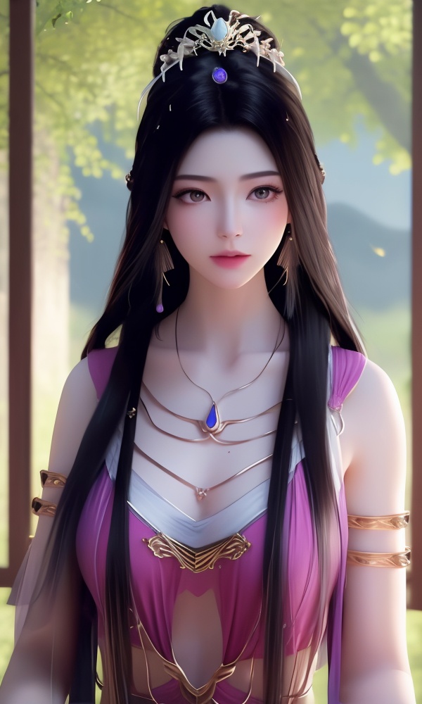 (,1girl, ,best quality, ),looking at viewer, <lora:395-DA-凡人修仙传-紫灵:0.8> ultra detailed background,ultra realistic 8k cg,ultra detailed 8k cg,masterpiece,upper body,  (( , )),, ,science fiction,mole, ultra realistic 8k cg, ,tamari \(flawless\),   ,outdoors, sun,sunlight, cherry blossoms,      (()), (), , jewelry, necklace, solo, , , , hair_ornament, , earrings,large breasts,,  , ,