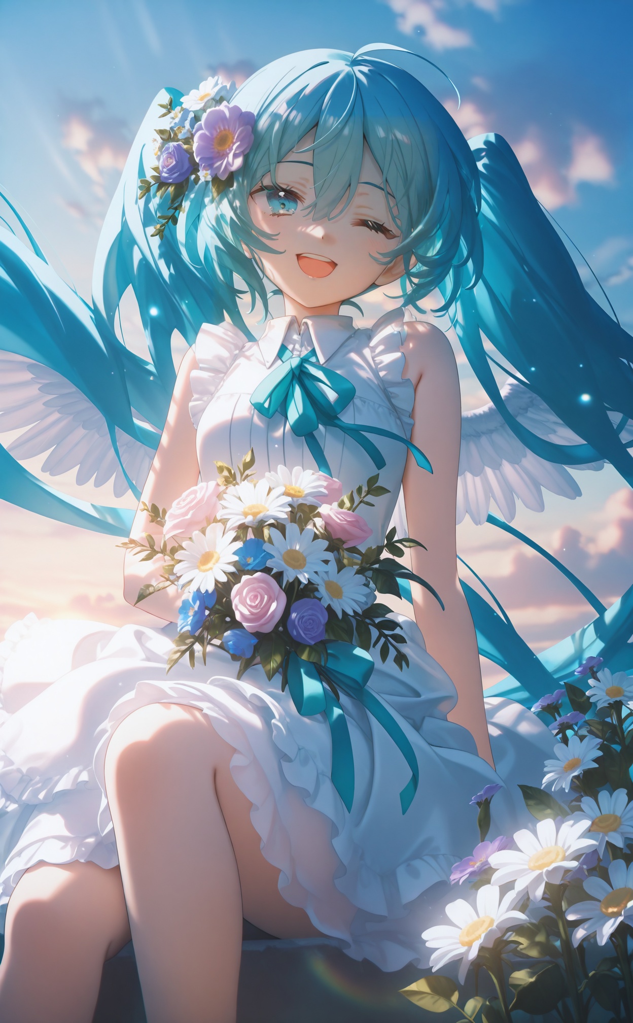 masterpiece,absurdres,best quality,high quality,chromatic_aberration,//,1girl,bouquet,flower,solo,one_eye_closed,wings,dress,hatsune_miku,holding_bouquet,white_dress,white_flower,sky,sleeveless,purple_flower,hair_ornament,hair_flower,long_hair,smile,sleeveless_dress,floating_hair,holding,open_mouth,cloud,blue_hair,outdoors,feathered_wings,white_wings,backlighting,twintails,very_long_hair,bare_shoulders,blue_sky,bare_arms,ahoge,knee_up,sitting,looking_at_viewer,;d,collared_dress,angel_wings,blue_flower,blue_eyes,wind,aqua_eyes,cloudy_sky,pink_flower,aqua_hair,white_rose,teeth,ribbon,feet_out_of_frame,blue_theme,sidelighting,upper_teeth_only,aqua_ribbon,day,rose,daisy,sunlight,frills,eyelashes,holding_flower,hair_between_eyes,frilled_dress,dawn,purple_rose,light_particles,leaf,//,//,<lora:konya_karasue——【CKXL】hans:1>,