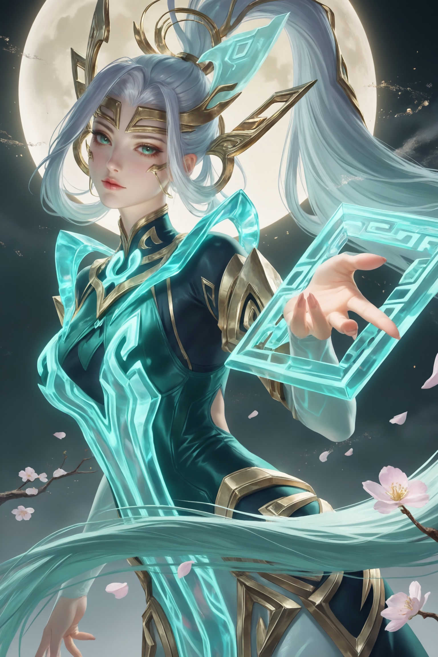 <lora:王者荣耀-女娲-万灵启示IL-买断:0.8>,1girl,long,flowing lavender hair,high ponytail,metallic ornaments,white and teal with intricate,glowing patterns outfit,high-collared,long-sleeved bodysuit,flowing,layered skirt that trails behind her,upper body,masterpiece,best quality,solo,1girl,upper body,petals,looking at viewer,moon,branch,cherry blossoms,flower,extreme aesthetic,(quasarcake:0.7),masterpiece,best quality,good quality,newest,very aesthetic,absurdres,A shot with tension,(Visual impact,giving the poster a dynamic and visually striking appearance:1.2),impactful picture,offcial art,colorful,splash of color,movie perspective,