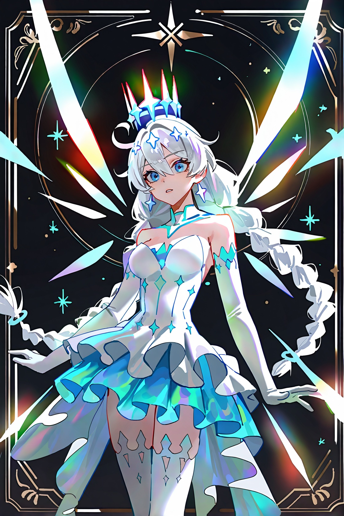 ((artist:betabeet)), artist:john_kafka, artist:nixeu, artist:quasarcake, (by xilmo, by modare, by reoen:1.1), (hyperrealistic:1.1), (high_contrast:1.1), (holy_(\theme\):1.2), (card_\(theme\):1.1), solo, long hair, large breasts, (black-color-scheme:1.1), character card, abstract sun, moon and stars, thick line, murals, holy light, mural moon, simple black background, angels come, stars, card border, frame pattern, <lora:kiana-young-noob-Tanger-000013:0.7>, kiana kaslana, dongzhi, dongzhi, dongzhi dress, 5th clothes, 1girl, blue eyes, gloves, white thighhighs, dress, long hair, elbow gloves, white hair, crystal crown, bare shoulders, bangs, 