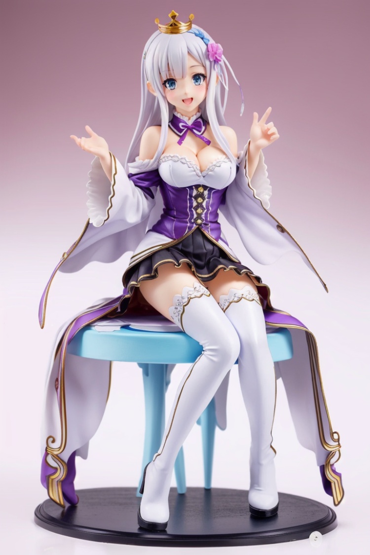 ((HRD, HUD, 8K)),((masterpiece, best quality)), highly detailed,Handmade, 1girl, emilia (re:zero), long hair, thighhighs, purple eyes, hair ornament, bangs, solo, hair flower, flower, sitting, medium breasts, breasts, open mouth, pointy ears, braid, cleavage, very long hair, cup, hair ribbon, white hair, boots, detached sleeves, ribbon, skirt, x hair ornament, smile, pleated skirt, full body, white flower, white thighhighs, wide sleeves, miniskirt, crown braid, white footwear, thigh boots, zettai ryouiki, teacup, low-tied long hair, bare shoulders, looking at viewer, dress, <lora:20240316-1710599536818:0.8>