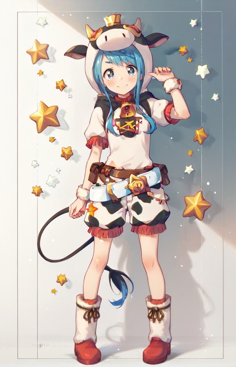 score_9,score_8_up,score_7_up,score_6_up,score_5_up,score_4_up BREAK source_anime,1girl,solo,long hair,looking at viewer,blush,smile,blue eyes,star_in_eye,blue hair,full body,short sleeves,boots,shorts,belt,hood,bell,cow print,<lora:野户真阳pony:1>,
