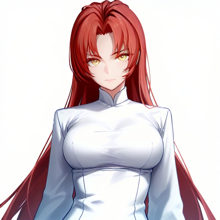 masterpiece, best quality,solo,(white background:1.2),simple background,1girl,looking at viewer,    murata himeko, ex_himeko, long hair, red hair, bangs, breasts, yellow eyes, very long hair, parted bangs<lora:卑弥呼-HIMEKO-ILL:0.8>