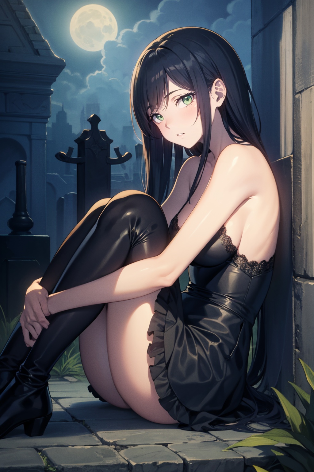 masterpiece, best quality, high quality, 1girl, solo, chibi, aged down, black hair, very long hair, green eyes, (glowing eyes), pale skin, black dress, frills, lace, texture, BREAK sitting, on floor, knees up, hugging own legs, horror \(theme\), ((night, darkness)), fog, graveyard, tombstone, against wall, from side