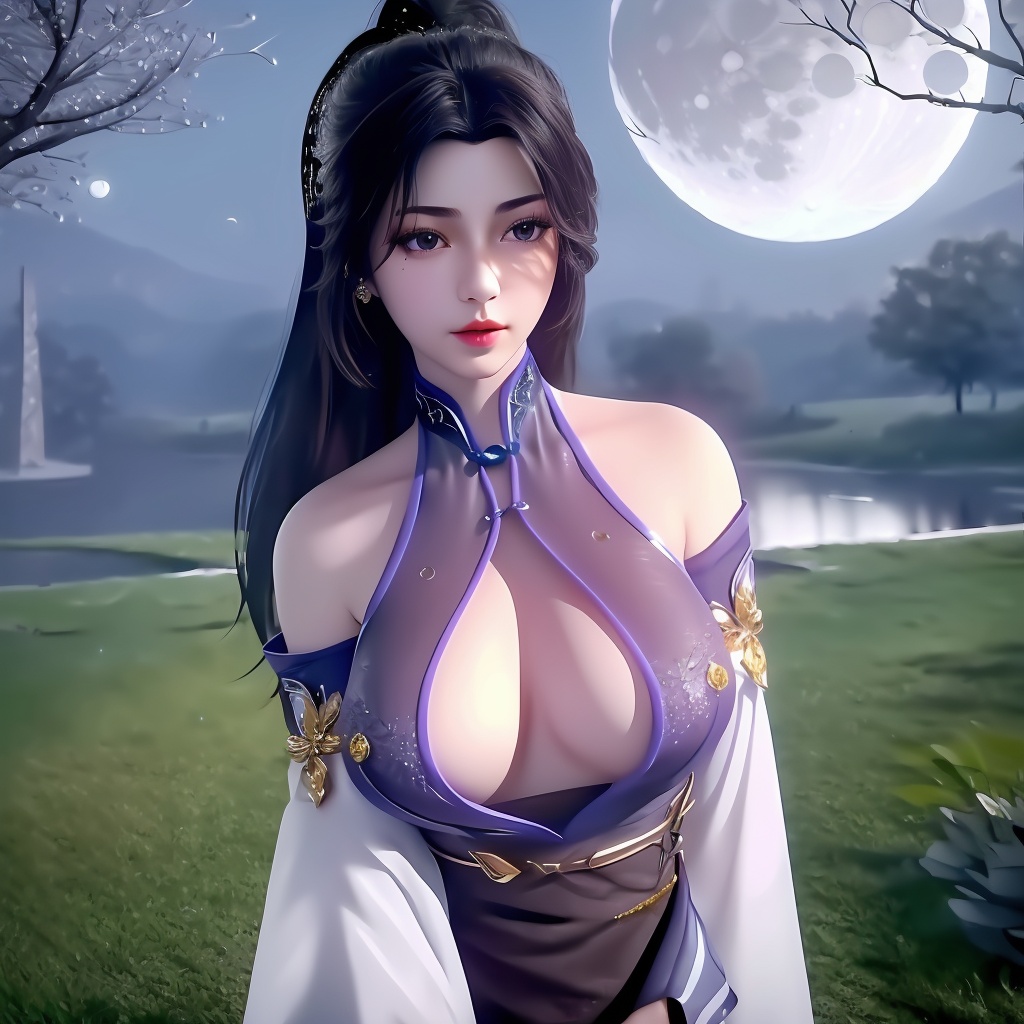<lora:779-DA-绝世战魂-楚云:0.8>, (,1girl, ,best quality, ),looking at viewer,  ,ultra detailed background,ultra detailed background,ultra realistic 8k cg, ,masterpiece, (( , )),, ,fiction,mole,,      ,(cleavage),,  (),  ,see-through, lace, (((, solo, moon, , bare_tree, )))(cleavage),,