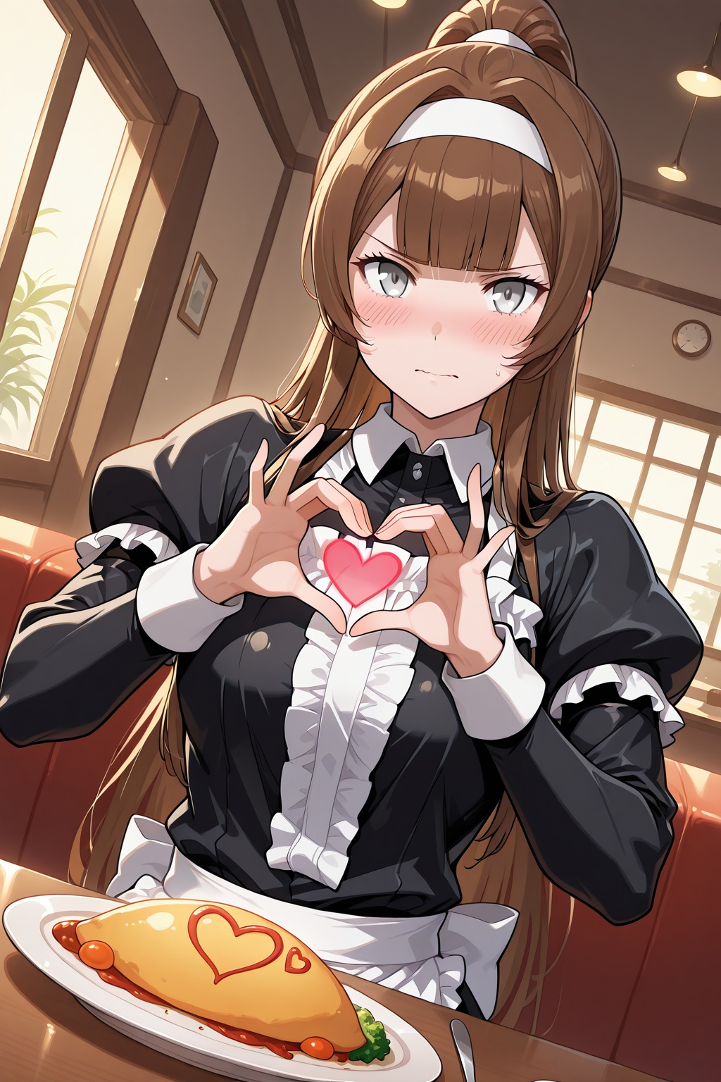 zPDXL3,score_9,score_8_up,score_7_up,source_anime,rating_safe BREAK masterpiece,highres,best quality,high quality,dramatic angle,cinematic lighting,BREAK,<lora:overlord_The_Sacred_Kingdom_V2:1>overlord_V2,o_Kelart,human female,brown hair,armor,long hair,high ponytail, white hairband,blunt bangs,dim grey eyes,BREAK,black maid dress,maid apron,frills,maid headdress,indoors,restaurant,looking at viewer,omurice,plate,heart,love magic,magic heart,floating heart,sparkling,blush,embarrassed,4-finger heart hands,heart hands,BREAK, 