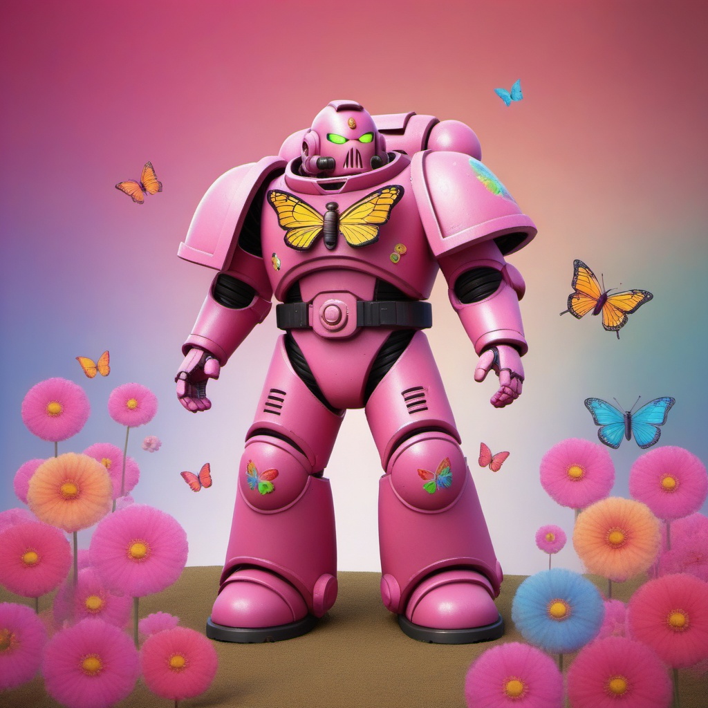 a pink spacemarine robot,  cute fantasy background,  rainbow on Tensor.Art