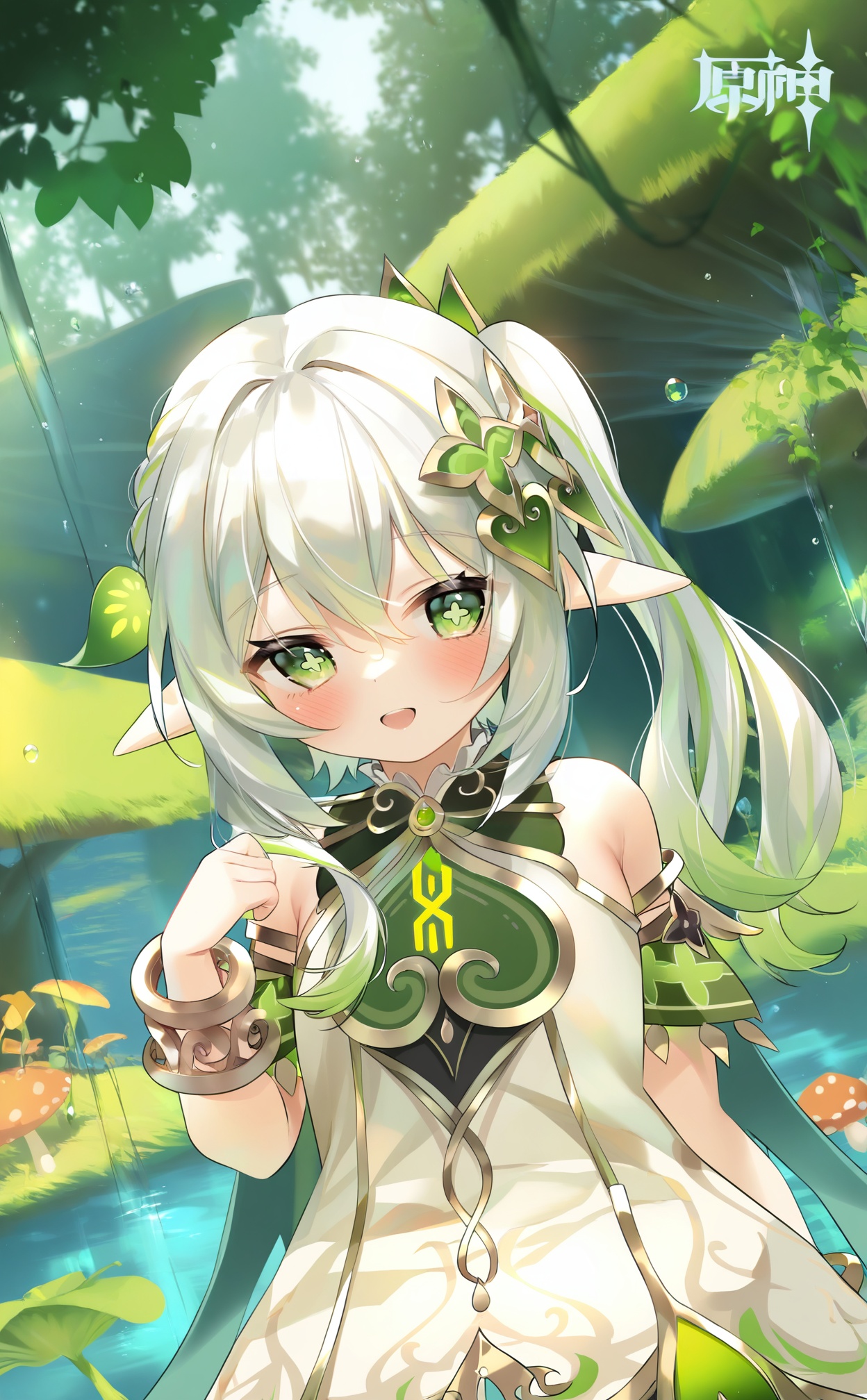 masterpiece,absurdres,best quality,loli,petite,high quality,chromatic_aberration,//,1girl,nahida_\(genshin_impact\),green_eyes,solo,pointy_ears,hair_ornament,side_ponytail,water_drop,blush,smile,white_hair,symbol-shaped_pupils,cross-shaped_pupils,long_hair,open_mouth,detached_sleeves,dress,looking_at_viewer,leaf_hair_ornament,hair_between_eyes,nature,outdoors,sidelocks,gradient_hair,white_dress,leaf,multicolored_hair,braid,bare_shoulders,plant,:d,sleeveless,upper_body,green_hair,mushroom,sleeveless_dress,hand_up,forest,water,day,dutch_angle,green_gemstone//,//,official art,depth of field,detailed light,blurry background,best shadow,shiny skin,cinematic lighting,ray tracing,amazing quality,very aesthetic,absurdres,beast quality,ultra detailed,newest,8K,HDR,//,<lora:guizhencao3——【noob】hans:1>,