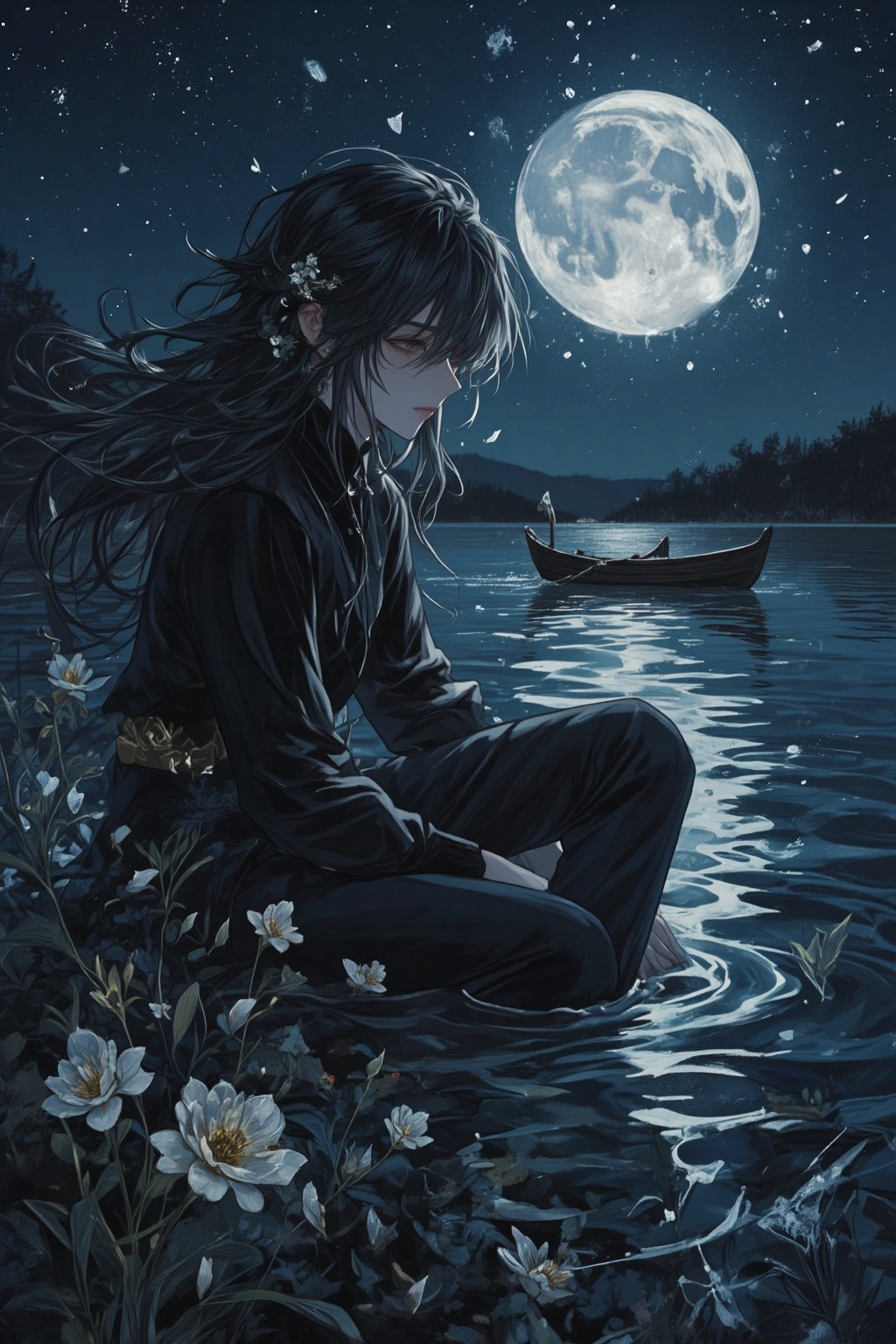 ZOZ_WEIMEIW,water,long hair,night,moon,sky,starry sky,sfw,moonlight,watercraft,night sky,mermaid,photoshop (medium),1boy,star (sky),merman,long hair tied low,sitting,male focus,night_sky,dark,full moon,original,solo,reflection,hair ornament,night sea,boat,reflection on water,starry night,closed mouth,male focus,hair flower,flower,dark hair,