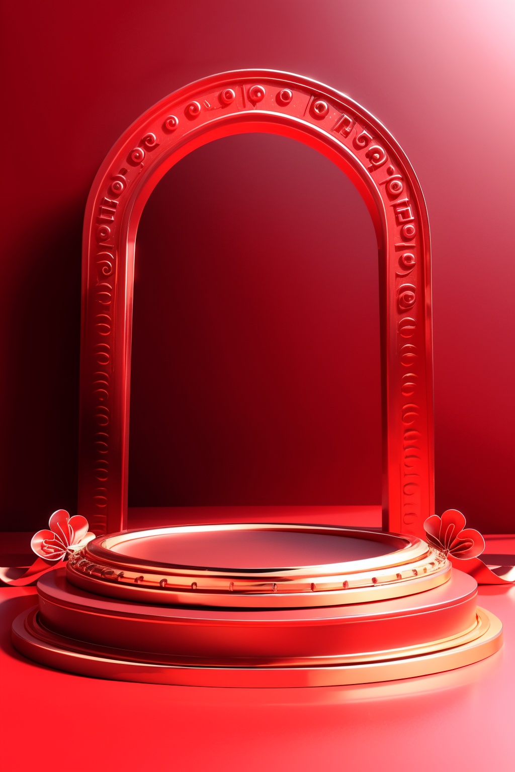 masterpiece,best quality,CNY_stage,red theme, still life, no humans, ring, jewelry, red background, ribbon, shadow, ornate ring, wedding ring
