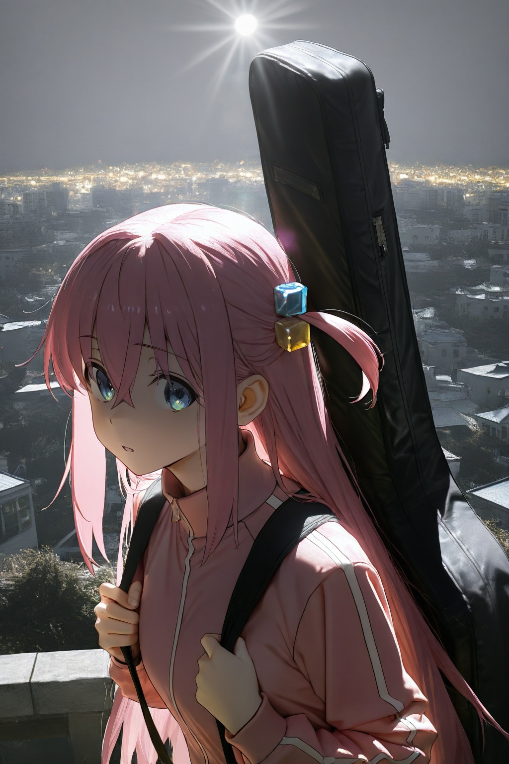 highres,absurdres,very awa,masterpiece,best quality,year 2024,newest,flat color,lineart,chiaroscuro,Natural Light,Mood Lighting,cinematic lighting,volumetric lighting,ray tracing,dramatic shadows,dappled light,photo background,\\,1girl,(solo:1.1),<lora:Zombie-Style-000059>,\\,1girl,solo,gotoh hitori,long hair,pink hair,blue eyes,pink jacket,cube hair ornament,hair ornament,jacket,simple background,upper body,instrument case,one side up,guitar case,track jacket,long sleeves,hair between eyes,grey background,holding strap,parted lips,cityscape,