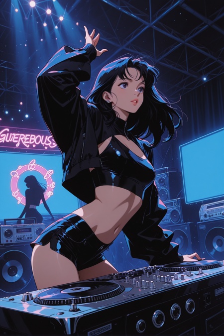 masterpiece, very awa, very aesthetic,dark theme, dynamic angle, dynamic pose, dj booth, neon sign, silhouetted shade, stage light, turntable, boombox,shrug jacket, crop top, sports hotpants, dancing,gorgeous girl