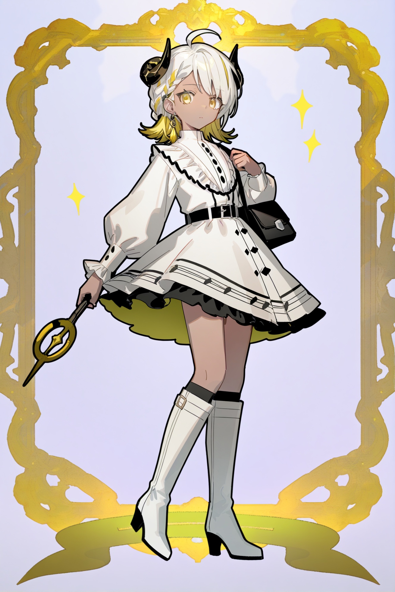 1girl,horns,white hair,white dress,boots,dark skin,solo,dress,white footwear,high heels,dark-skinned female,looking at viewer,yellow eyes,holding,long sleeves,multicolored hair,socks,braid,high heel boots,frills,full body,knee boots,closed mouth,jewelry,belt,ahoge,blonde hair,