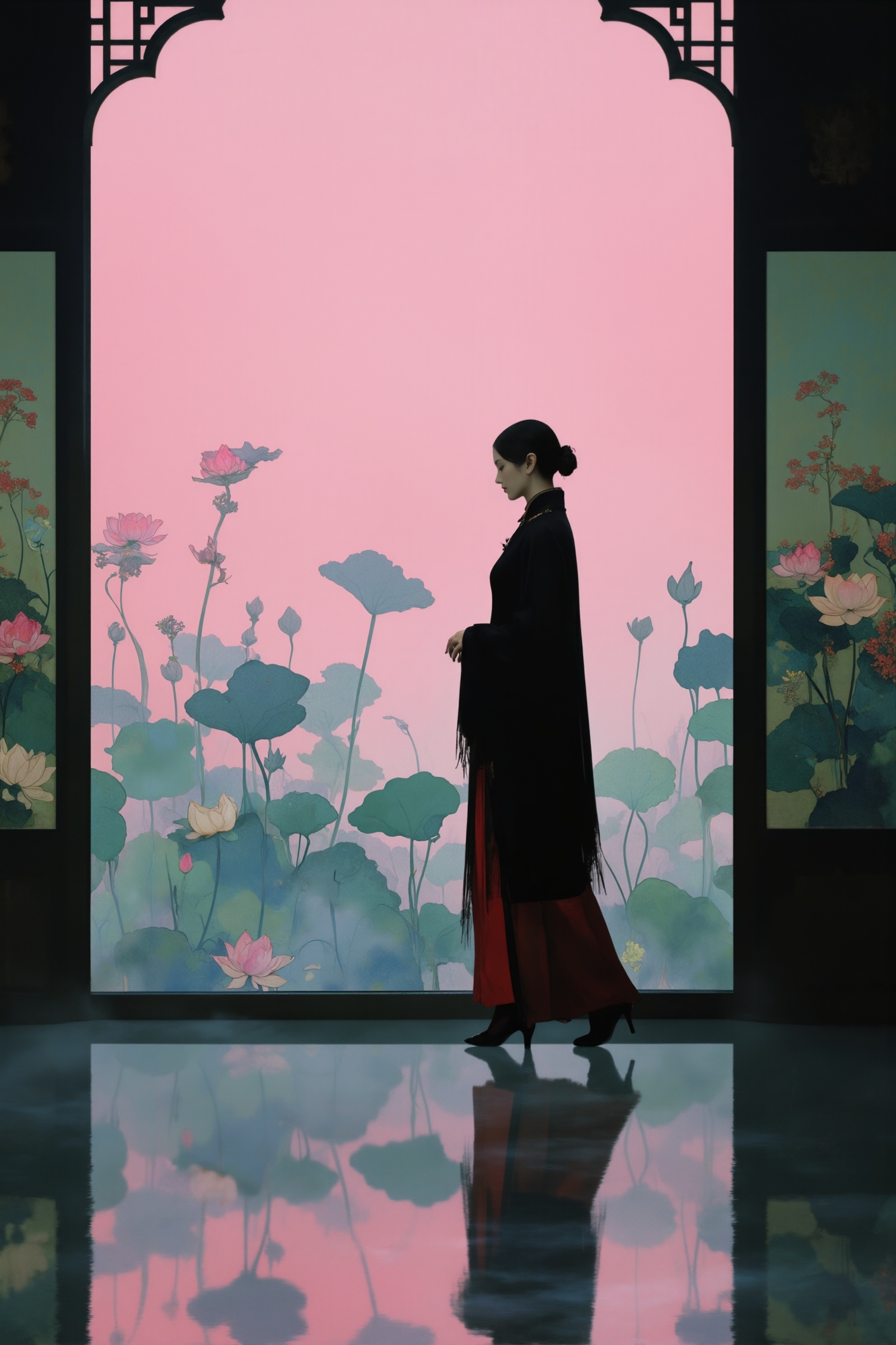DFM,<lora:Fulan_dongfangmeng_Merjic_F.1:0.75>,Photography,Cinematic lighting, fine art photography,Dreamcore,Mysticism,fantasy and surrealism,psychic,Wong Kar-wai-style movie stills,A cheongsam lady in a long fringed shawl walks gracefully on the smooth floor, the floor-to-ceiling window is a misty lotus pond, the room has a folding screen painted with traditional Chinese paintings, and the gradient pink sky outside the window is full of mystery,Depth of field, background blur,This artworkevokes themes often associated with East Asian culture combined with elements reminiscent of fantasy literature and film genres,8K Resolution,Perfect Detail,HD Detail,Ultra High Resolution,