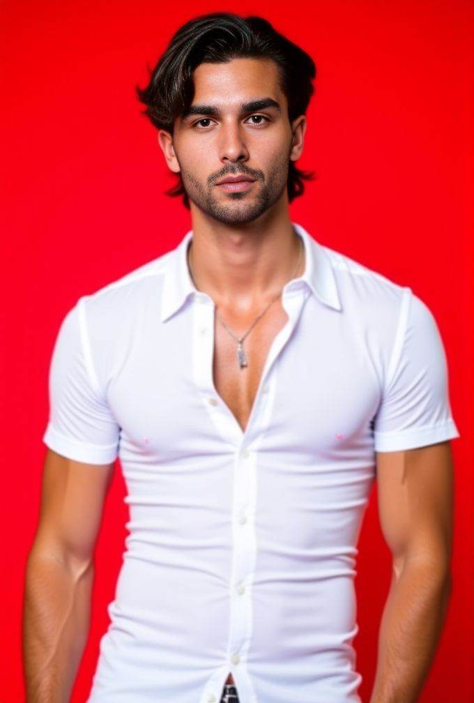 Ferran Torres ,  The image is a high-resolution photograph. standing against a solid red background. wavy hair styled to t...