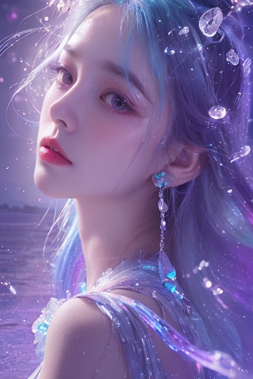 1girl,take a bath on the lake, the water is bright and sparkling, like colorful glass,(Many purple bubbles:1),(Half-length photo:1.8),(blue butterfly),exposed back,The posture of getting up from the lake,(fluorescent hair:1.4), <lora:1:0.6>