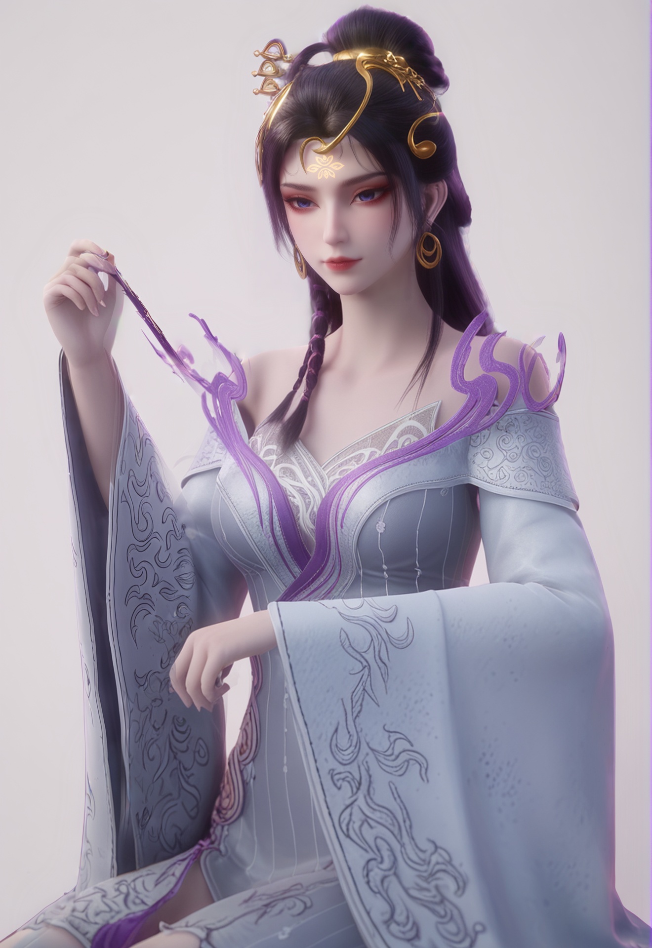 score_9,<lora:魅姬(1):0.8>,1girl, solo, earrings, hair ornament, jewelry, dress, white background, black hair, long hair, chinese clothes, sitting, wide sleeves, upper body, purple hair, simple background, long sleeves