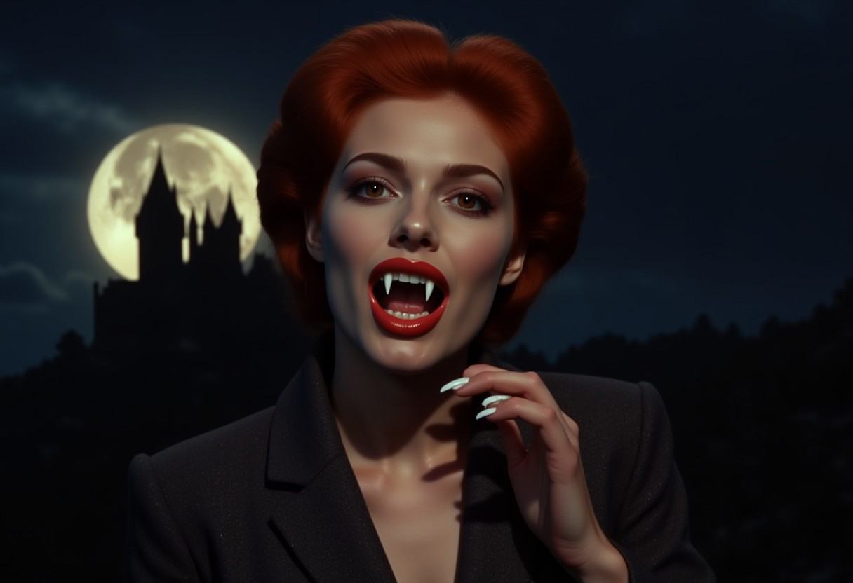 Vampyfangs1. a film still photo. 35mm. 4k. From a 1980s movie. a ginger red-haired vampire woman with a pixie cut is showi...
