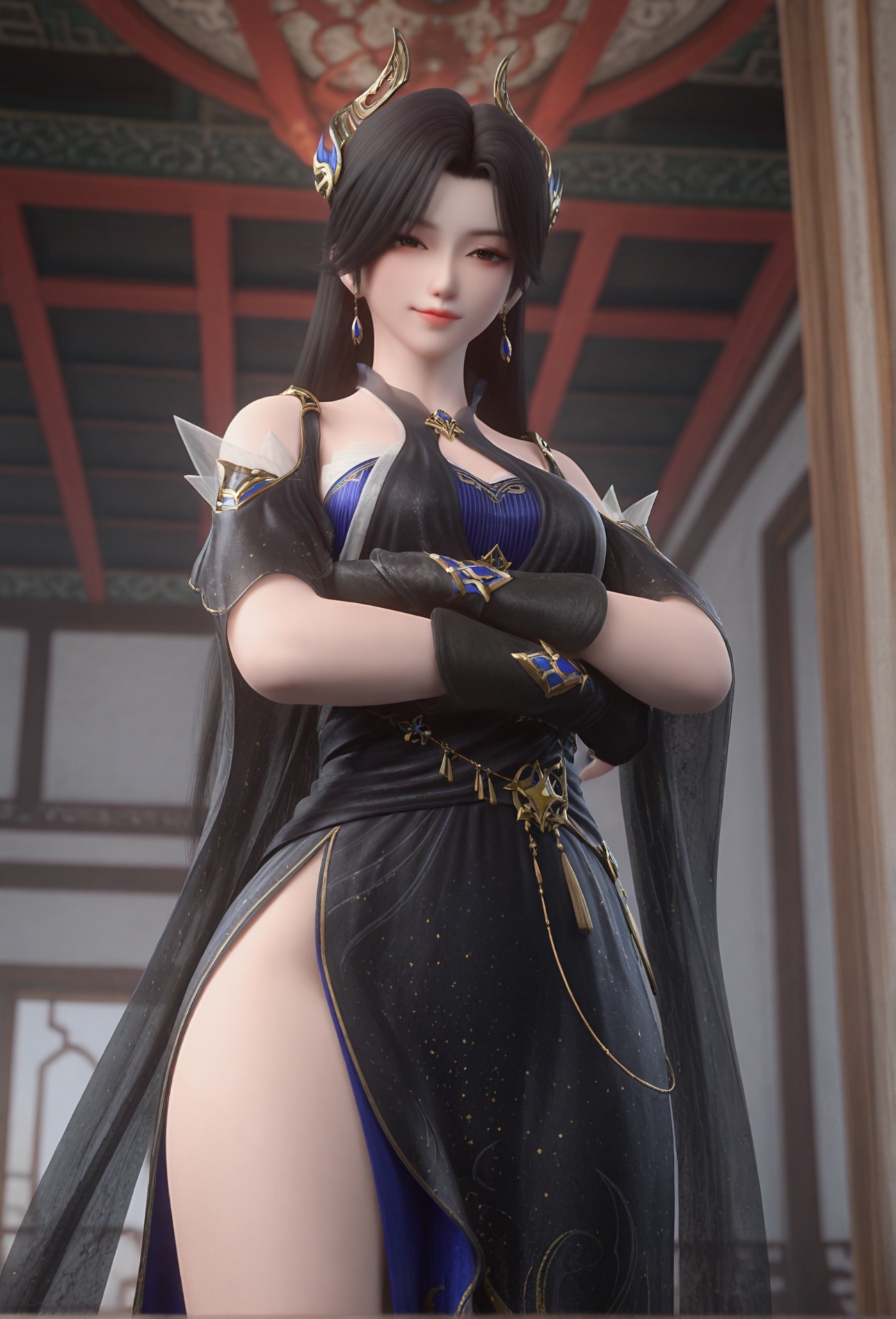 masterpiece,best quality,amazing quality,very aesthetic,<lora:caoying:0.7>,absurdres,1girl,black hair,long hair,bare shoulders,hair_ornament,chinese_style,long_dress,bracer,side_slit,seductive_smile,arms_crossed,from_below,foreshortening,