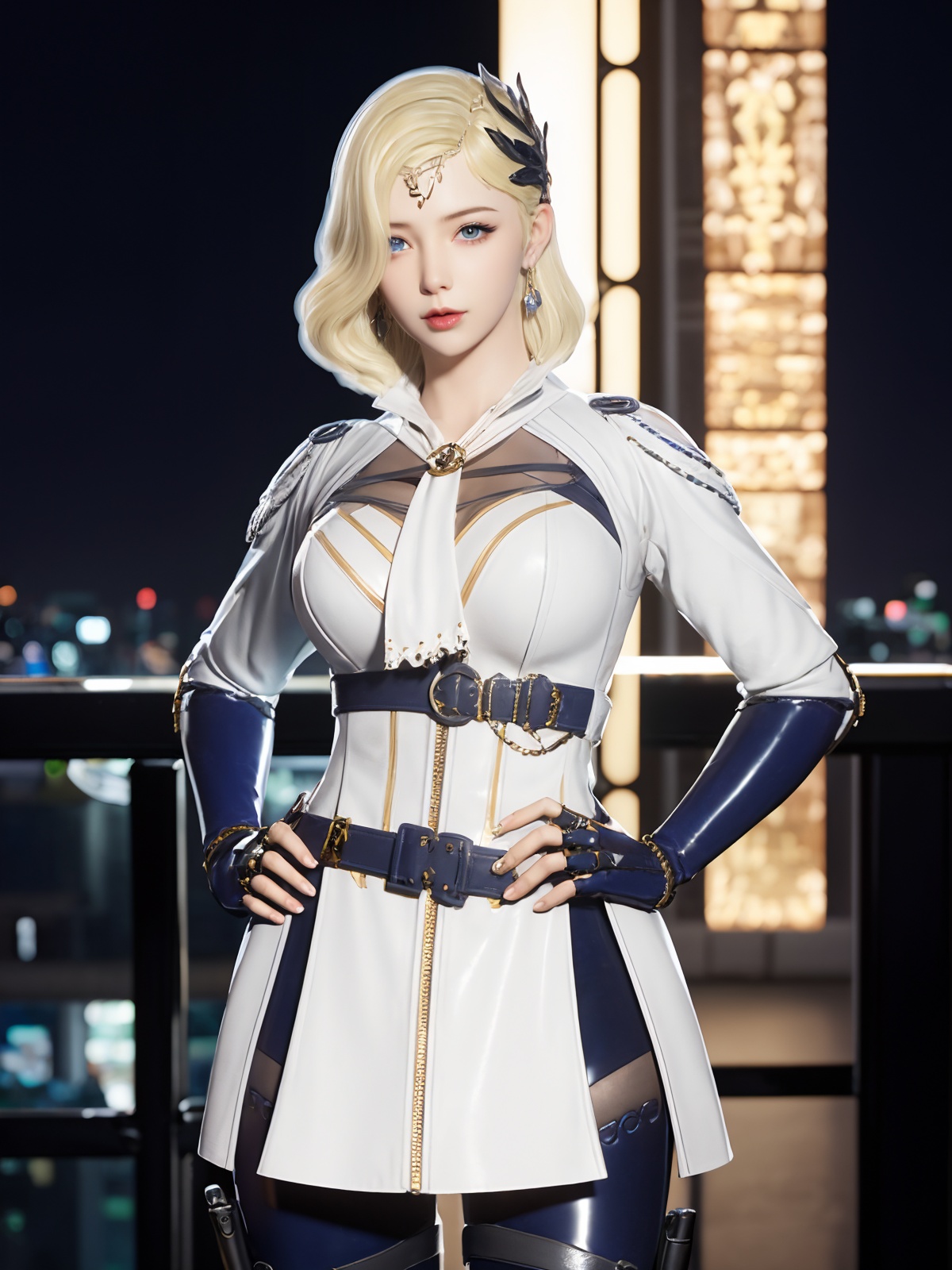 CFchuanshuonvdiBW, 1girl, solo, blonde hair, knee pads, boots, jewelry, fingerless gloves, earrings, cross-laced footwear,hair ornament, holster, blue eyes, short hair, looking at viewer, belt, dress, latex legwear,  <lora:CFchuanshuonvdiBW:0.75>,cityscape, night,hand on hip, 
