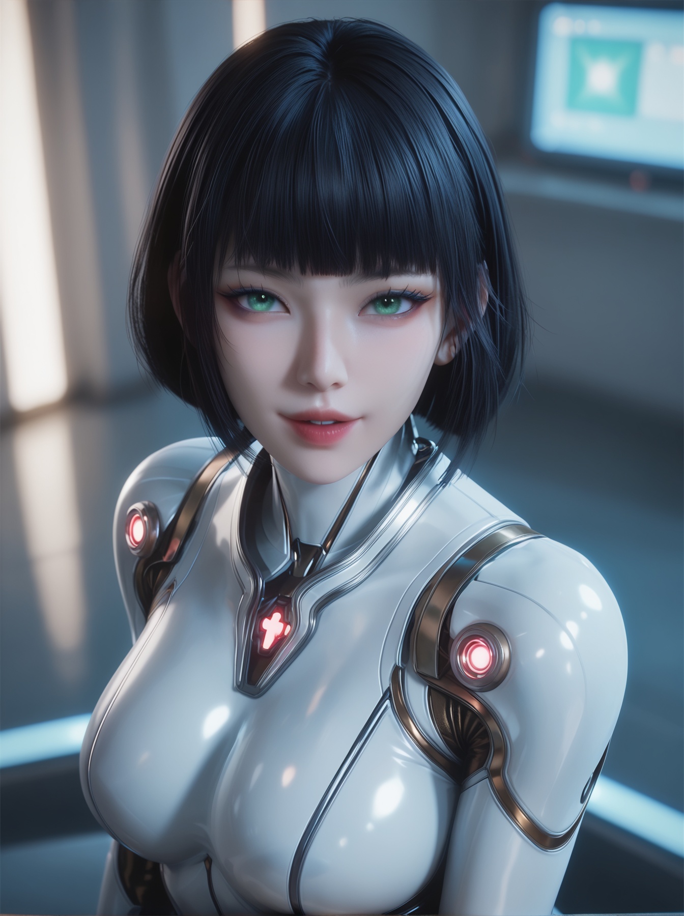 jiqing,<lora:jiqingXL:0.8>,looking at viewer,short hair,blunt bangs,bob cut,(smile:0.7),(parted lips:0.7),(open mouth:0.7),pale skin,green eyes,eyelashes,bodysuit,black hair,big breasts,portrait,looking at viewer,extremely detailed cg 8k wallpaper,cold color,score_9,score_8_up,score_7_up,(masterpiece, best quality, ultra-detailed, absurdres:1.4),8k resolution,32K UHD,ultra-high resolution,sharp focus,highly detailed,masterful details,in the style of fashion photography,with a high-end texture,(Dynamic Angle:1.2),(dynamic pose:1.2),Dynamic cinematic lighting,dramatic shadows,lim lighting,soft volumetric rays,god rays,chiaroscuro,contrasting light and shadow,neutral white balance,color-balanced,vivid colors,well-balanced contrast,desaturated yellows,reduce yellow cast,crisp details,A loft-style apartment with exposed concrete walls,where holographic neon flowers float above a minimalist desk. The girl lounges on a translucent chair,backlit by RGB strip lighting and a giant curved screen displaying abstract visuals. Macro details of glossy surfaces and light trails,cyberpunk-meets-industrial aesthetic. --ar 16:9 --v 6,