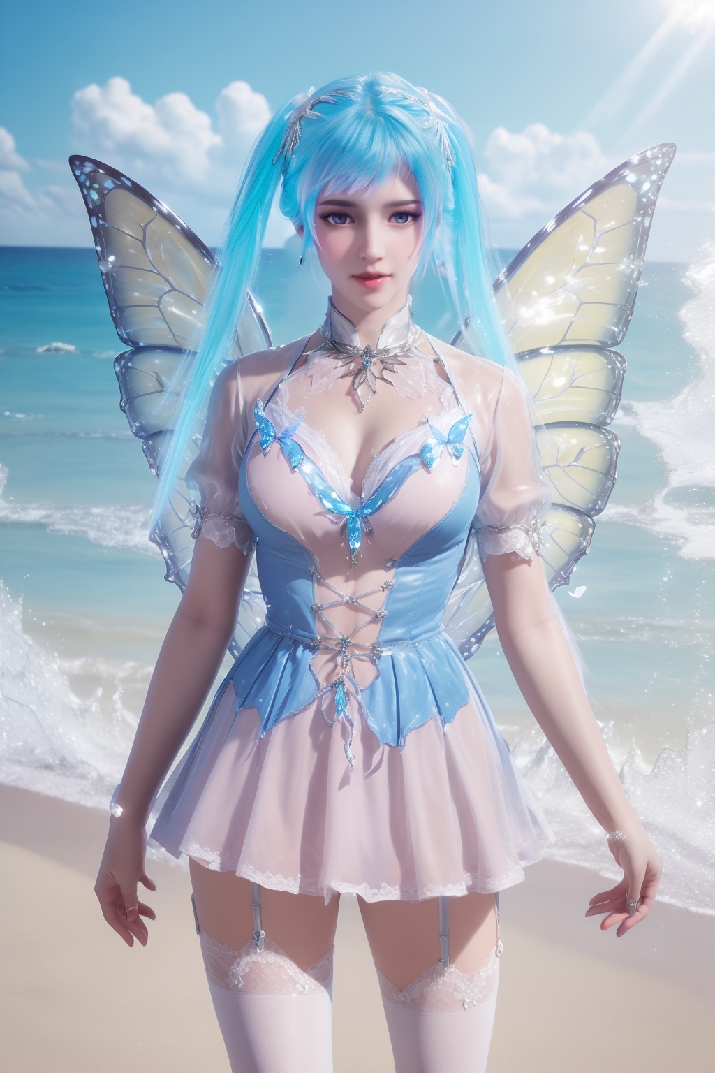 photo_\(medium\),(8k, RAW photo, best_quality),(masterpiece:1.2),(realistic:1.2),(photorealistic:1.3),(ultra-detailed),(extremely_detailed_cg_8k_wallpaper),(crystal_texture_skin:1.3),(shiny:1.2),(shiny_skin:1.4),(extremely_delicate_and_beautiful),Summer,Beach,Sea,sunshine,shenfengTangWuTong,1girl,solo,torogao,dress,blue hair,gradient hair,blue theme,twintails,standing,butterfly,butterfly wings,pleated skirt,white thighhighs,wings,jewelry,hair ornament,lips,realistic,looking at viewer,<lora:shenfengTangWuTong_20240511230122-000006:0.7>,