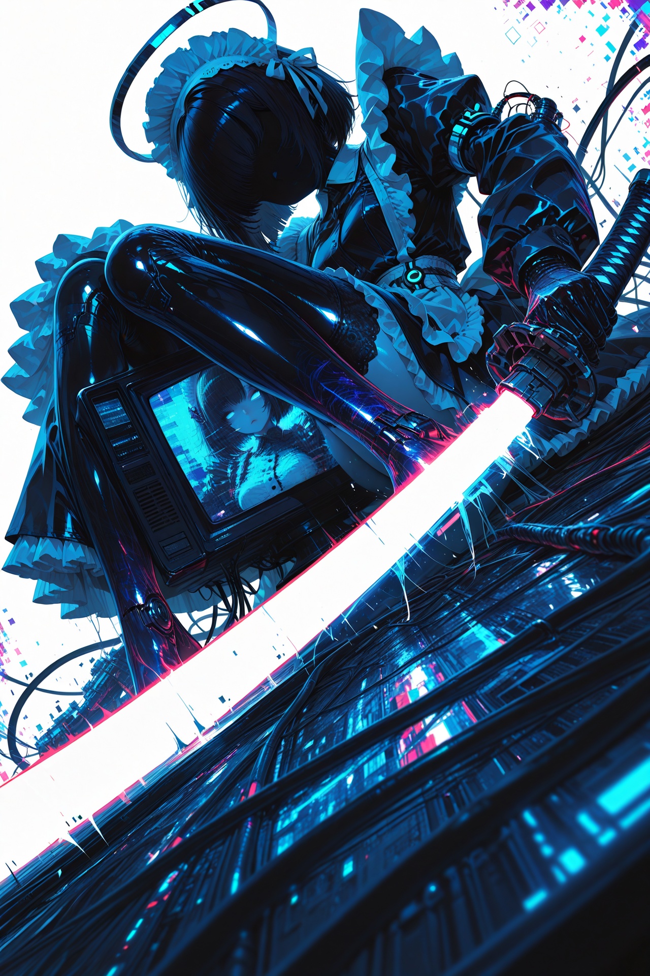 Masterpiece,best quality,amazing quality,newest,very aesthetic,scenery,8k,good anatomy,good shading,ultra detailed,refined details,high resolution,HD,masterwork,4ur4_illu,shiny.,1girl,solo,tv head,old crt monitor,glitch screen,multicolored static,cyber wires,cables,black latex dress,frilly maid outfit,glossy sleeves,lace trim,techno maid,translucent ribbon(flowing ribbon:1.2),mechanical appendages,matrix halo,pixelate halo,monochrome outfit,glowing katana,holding glowing katana,intricate weapon design,glowing glitch accents,stylish design,intricate design,sci-fi fusion,epic character design,dynamic pose(Close-Up),focus on sword,motion blur,light rays,dutch angle,depth of field,foreshortening,blurry edges,surreal aesthetic,pixelate,bold lines,matrix,dark_theme,white background,abstract background,simple background,detailed background.,