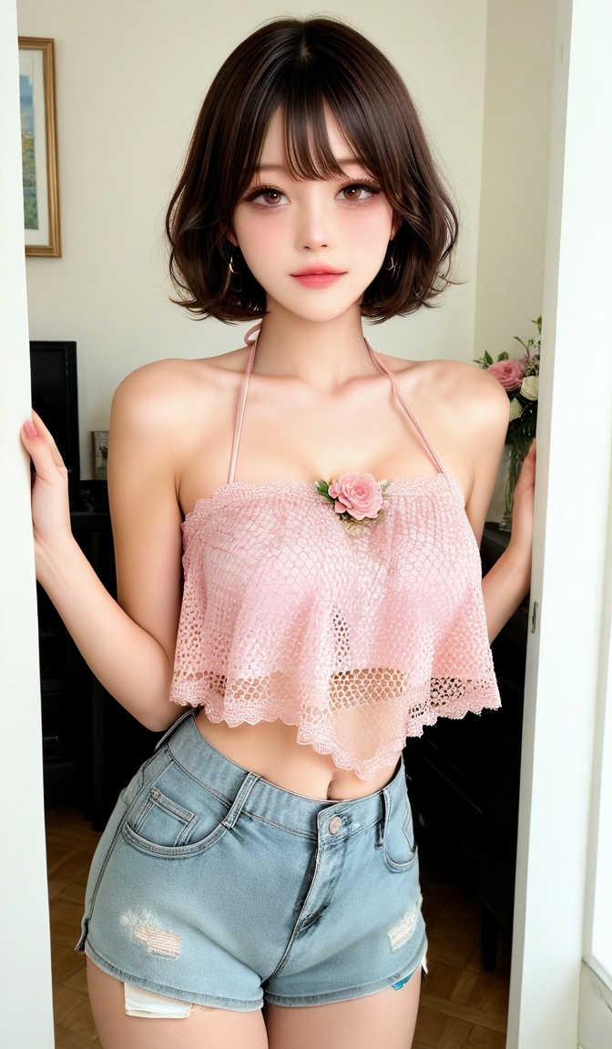 xg1,  soft pink crochet lace halter crop top with thin halter straps,  intricate openwork crochet pattern on Tensor.Art