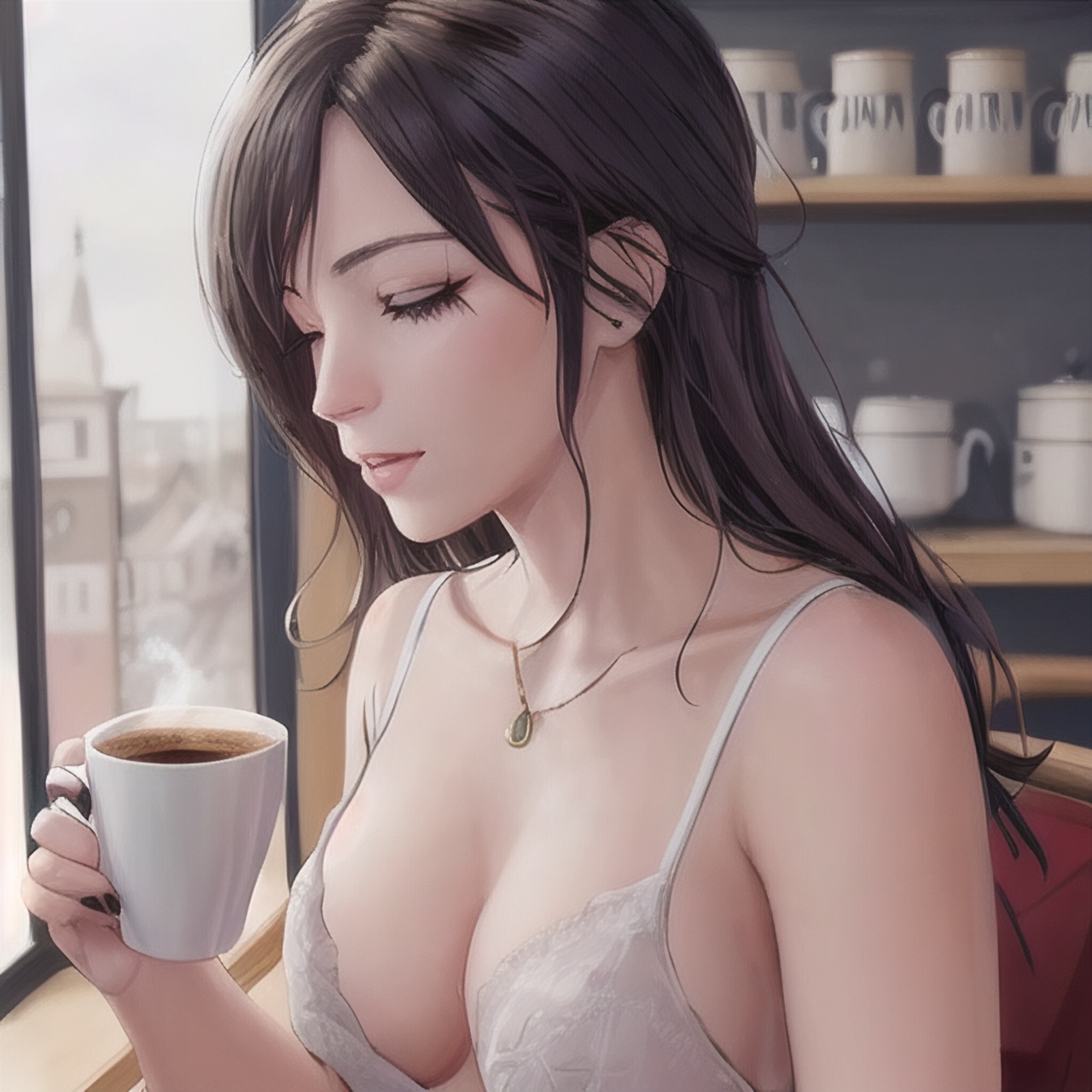 (best quality,  masterpiece,  ultra detailed), amiya(arknights), 1girl,8k wallpaper,extremely detailed figure, amazing beauty, detailed characters, {detailed background},aestheticism, sitting, winter, coffee shop, corner, coat, scarf, large breasts, gray hair, red eyes, emotionless, obedient, obedient, thick eyebrows, small nose, full lips, long eyelashes, delicate neck, slender shoulders, bare arms, delicate hands, long fingers, pointed nails, high cheekbones, oval face, smooth skin, rosy cheeks, cup of coffee, saucer, steam, warm, cozy, comfortable, relaxed, calm, quiet, peaceful, serene, contemplative, close-up, best quality, amazing quality, very aesthetic, absurdres