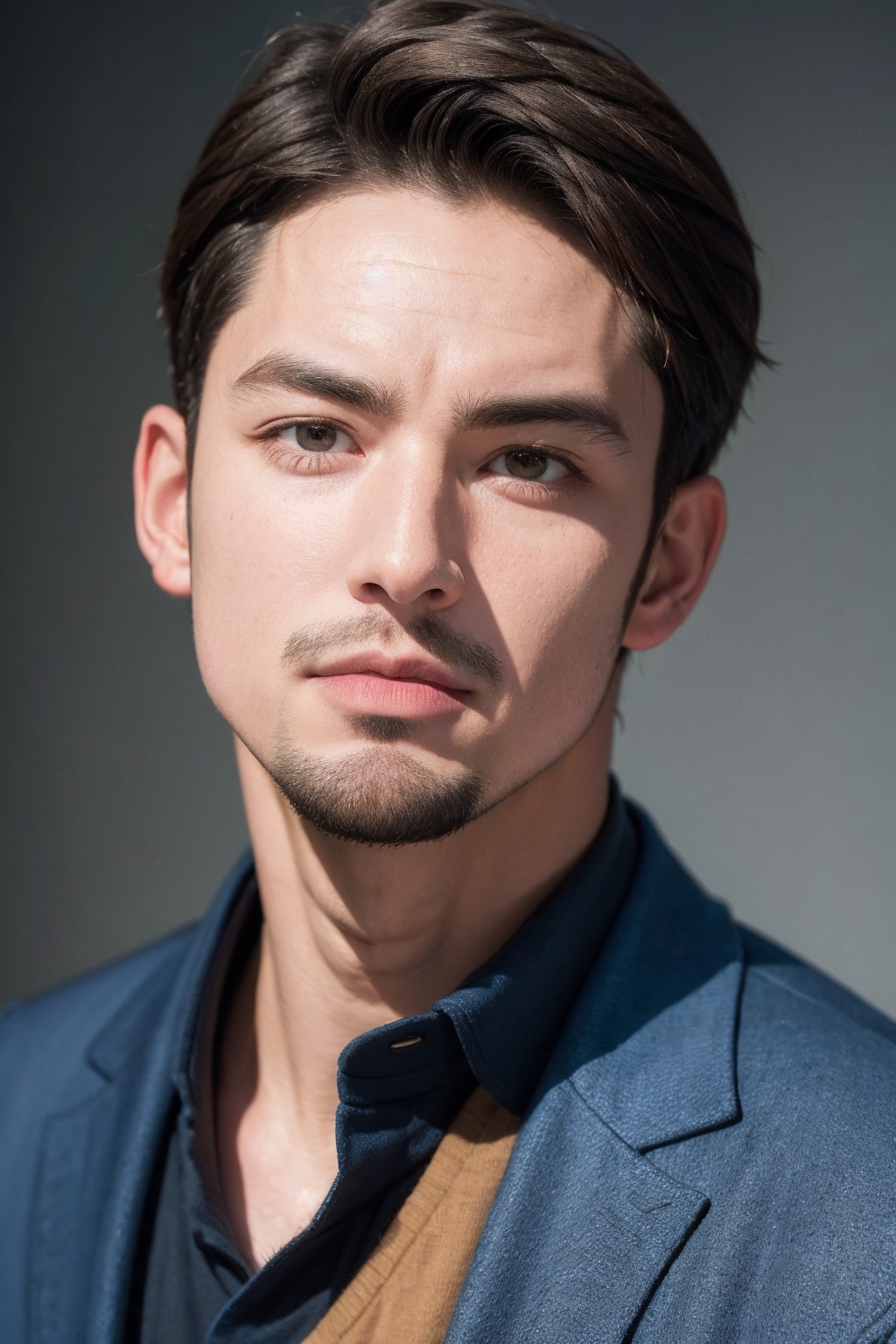 realistic, solo, photorealistic, male focus, 1boy, looking at viewer, shirt, brown eyes, short hair, brown hair, black shirt, jacket, facial hair, closed mouth, grey jacket, portrait