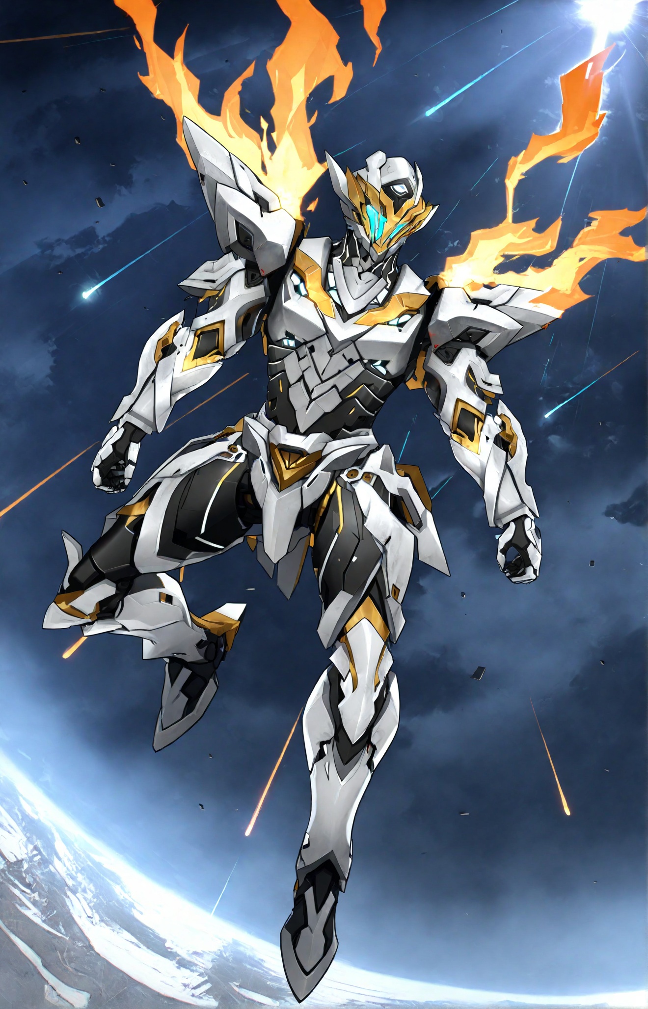 8k, best quality, masterpiece, (ultra-detailed:1.1), (high detailed skin), <lora:LKtrainre-A3-Tanger-000010:0.7>, Sam /(honkai: star rail/), armor, white armor, 1boy, male focus, helmet, full body, illustration, robotic figure descending from the heavens, gleaming metal surface, emitting a soft glow, as it gracefully descends, lighting up the darkness below, a scene of futuristic wonder and awe, darkened earth below, dismal sky above, fiery meteors streaking through the atmosphere, creating a stark contrast of light and shadow, viewed from a dynamic perspective, the hero's arrival is heralded, <lora:xl_more_art-full-beta2:0.8>, 