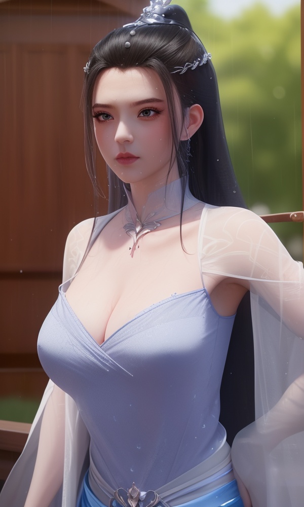 (,1girl, ,best quality, ),looking at viewer, <lora:431-DA-逆天邪神-楚月婵:0.8> ,, ,masterpiece, (( , )),,ultra realistic 8k cg, ,      ,building, bare_shoulders,cleavage cutout, eyelashes,magic,hydrokinesis,sweat, wet, rain, ,       (cleavage), (), 