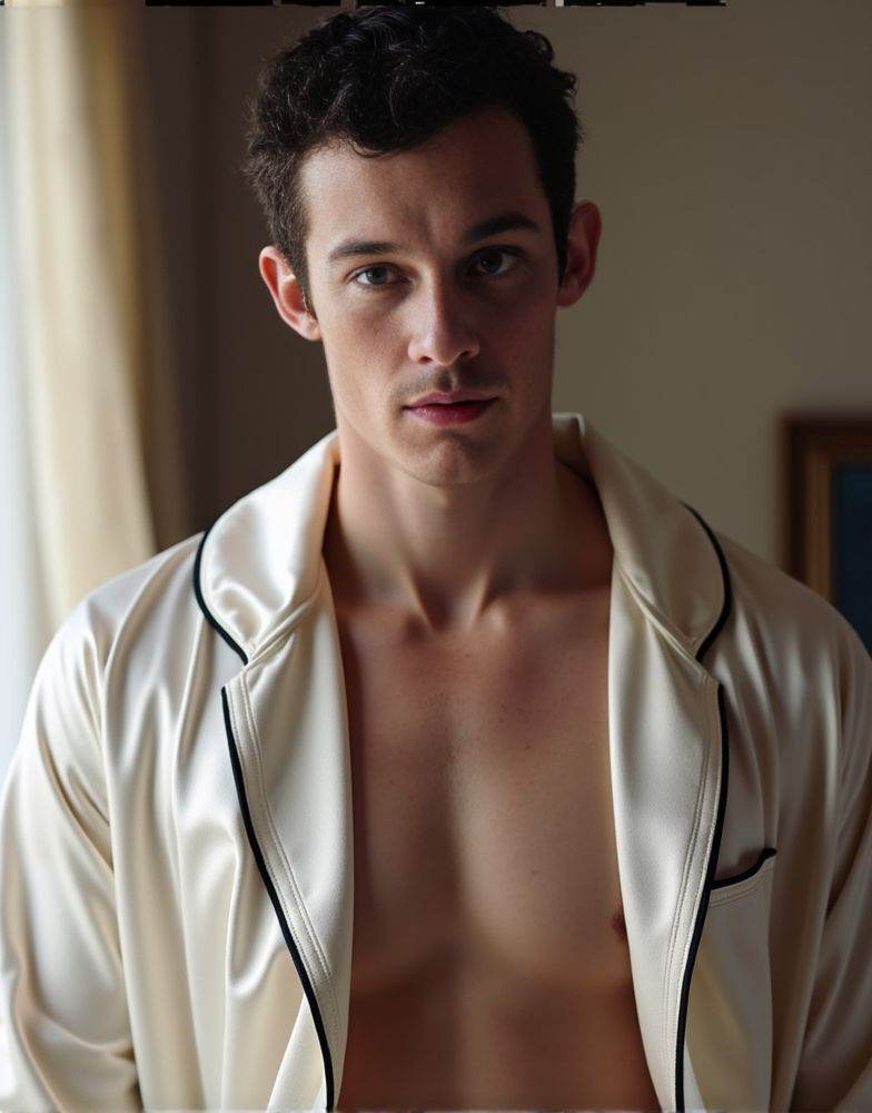 Callum Turner ,  waking towards the camera wearing a satin white robe with black border. robe opening showing full body. w...