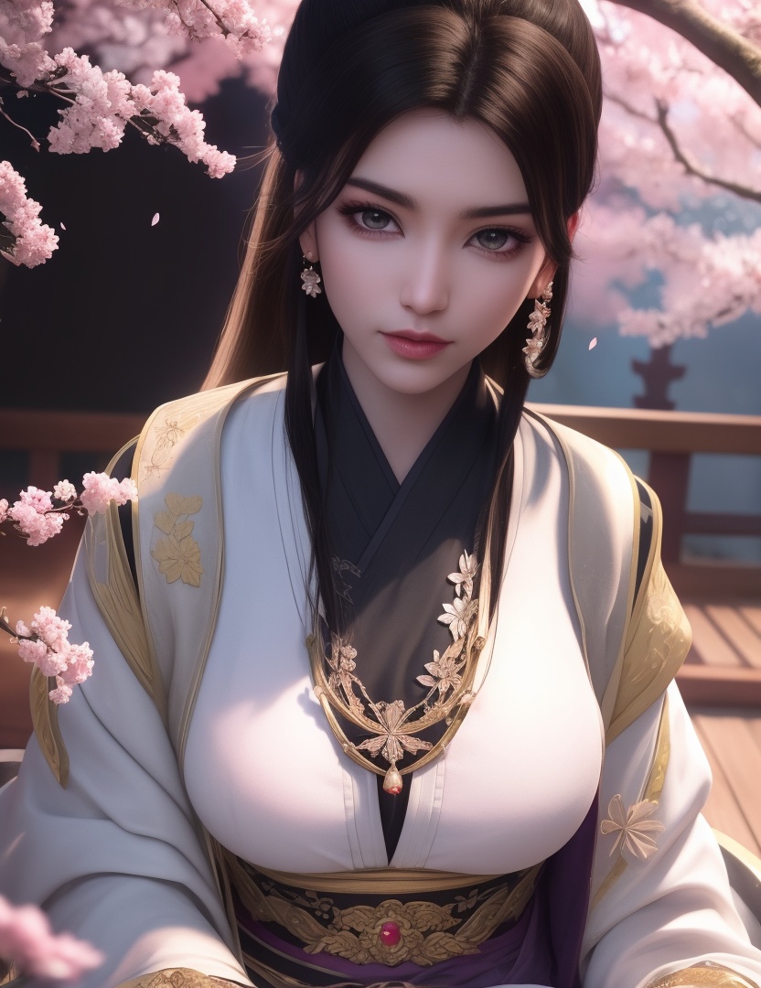 ultra realistic 8k cg, picture-perfect face, flawless, clean, masterpiece, professional artwork, famous artwork, cinematic lighting, cinematic bloom, perfect face, beautiful face, fantasy, dreamlike, unreal, science fiction, huge breasts, beautiful clothes, lace, lace trim, lace-trimmed legwear,  (rich:1.4), prestige, luxury, jewelry, diamond, gold, pearl, gem, sapphire, ruby, emerald, intricate detail, delicate pattern, charming, alluring, seductive, erotic, enchanting, hair ornament, necklace, earrings, bracelet, armlet,halo((,1girl, pov,))(((cherry_blossoms, branch, 1girl, tree, spring_\(season\), solo, petals, black_hair, japanese_clothes,looking at viewer, )))     <lora:DA_YueYaoMenswear:0.6>